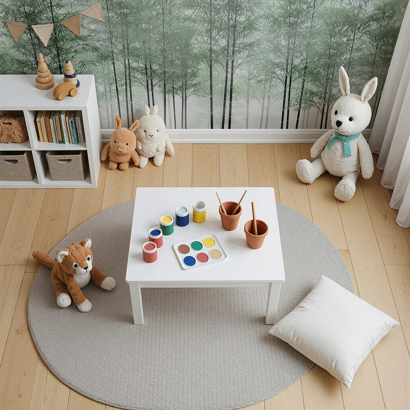 Top-down view of Whimsy Tots' Misty Green Bamboo Forest Wall Mural (Turn Their Room into a Peaceful, Ethereal Grove).Gender-Neutral