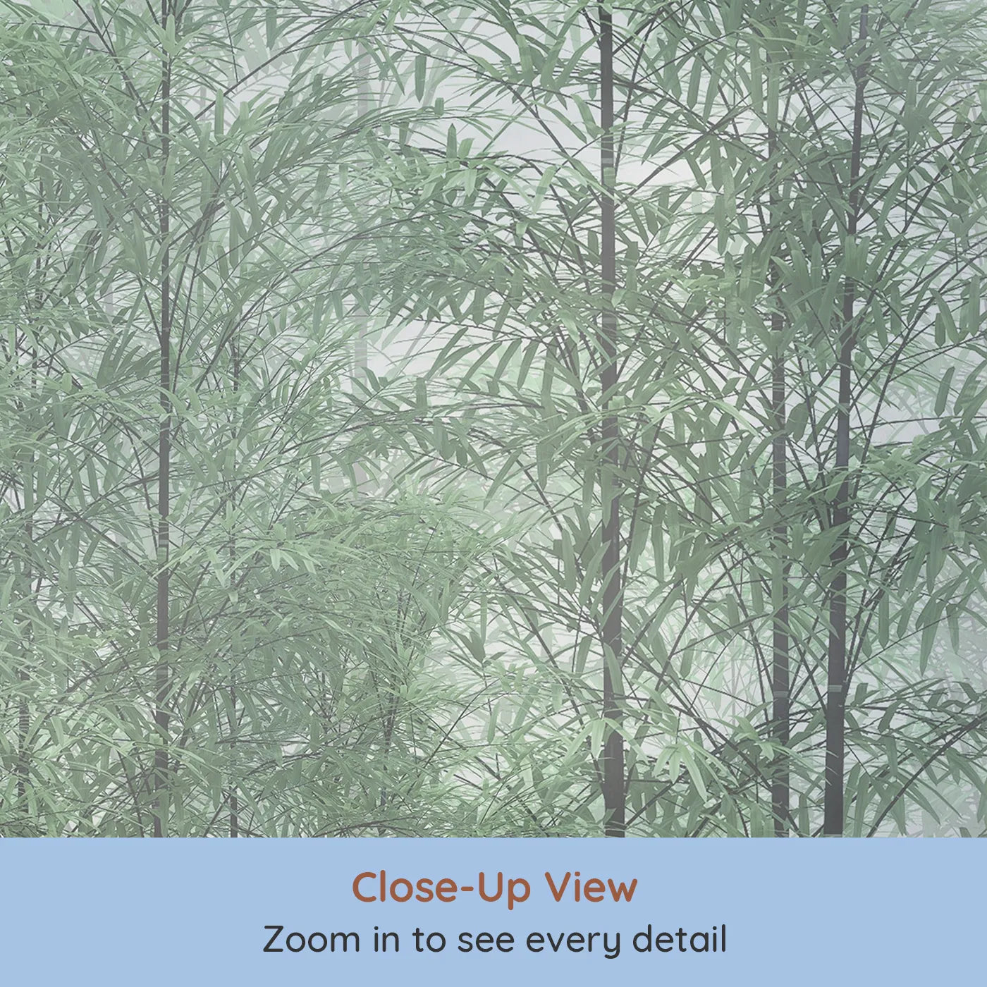 Close-up view of Whimsy Tots' Misty Green Bamboo Forest Wall Mural (Turn Their Room into a Peaceful, Ethereal Grove).Gender-Neutral
