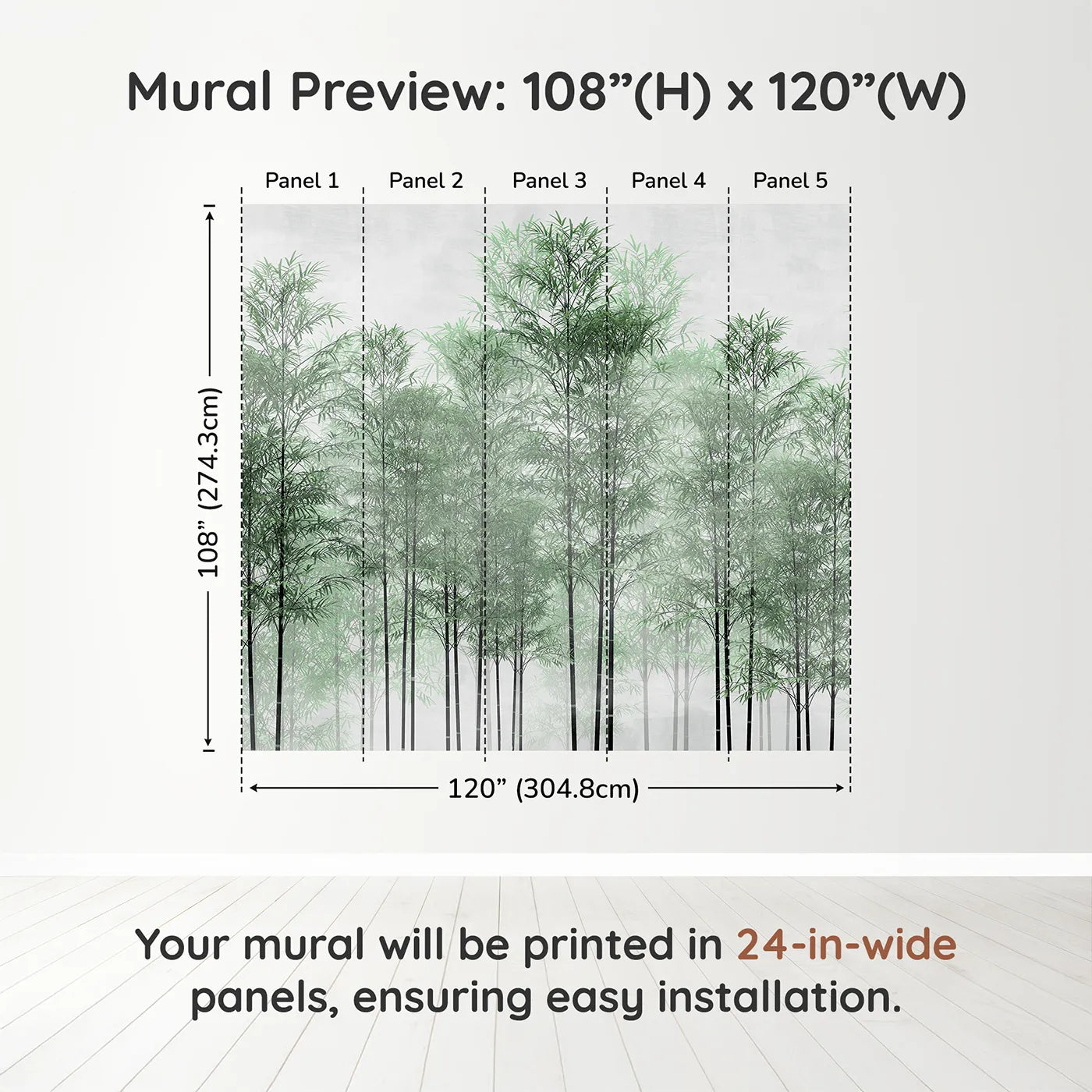 Whimsy Tots Misty Green Bamboo Forest Wall Muraldimension view (108" H x 120" W). Printed in five 24-inch-wide panels. Gender-Neutral