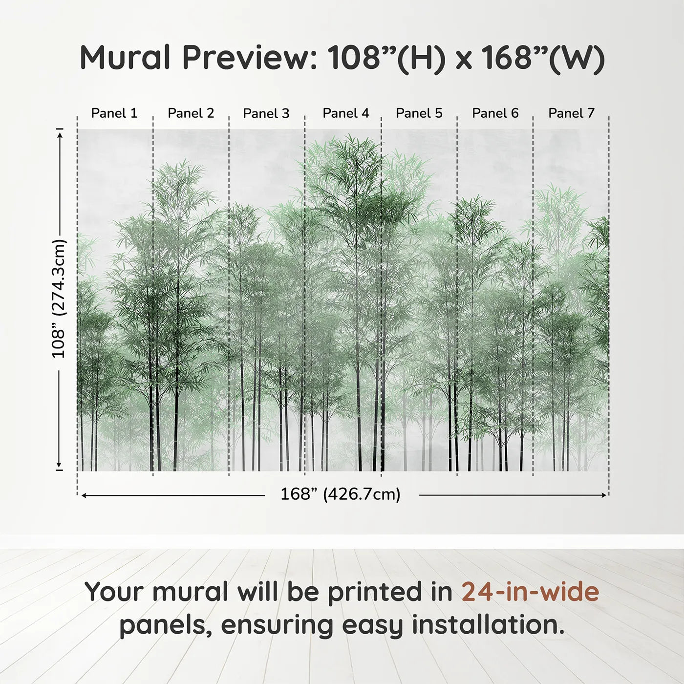 Whimsy Tots Misty Green Bamboo Forest Wall Muraldimension view (108" H x 168" W). Printed in seven 24-inch-wide panels. Gender-Neutral