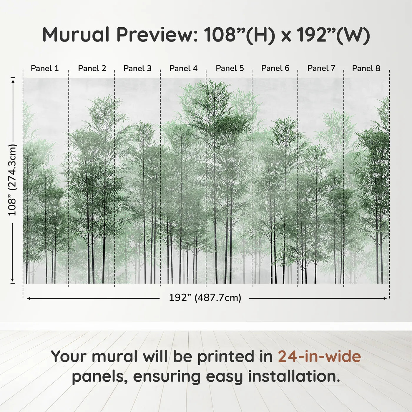 Whimsy Tots Misty Green Bamboo Forest Wall Muraldimension view (108" H x 192" W). Printed in eight 24-inch-wide panels. Gender-Neutral