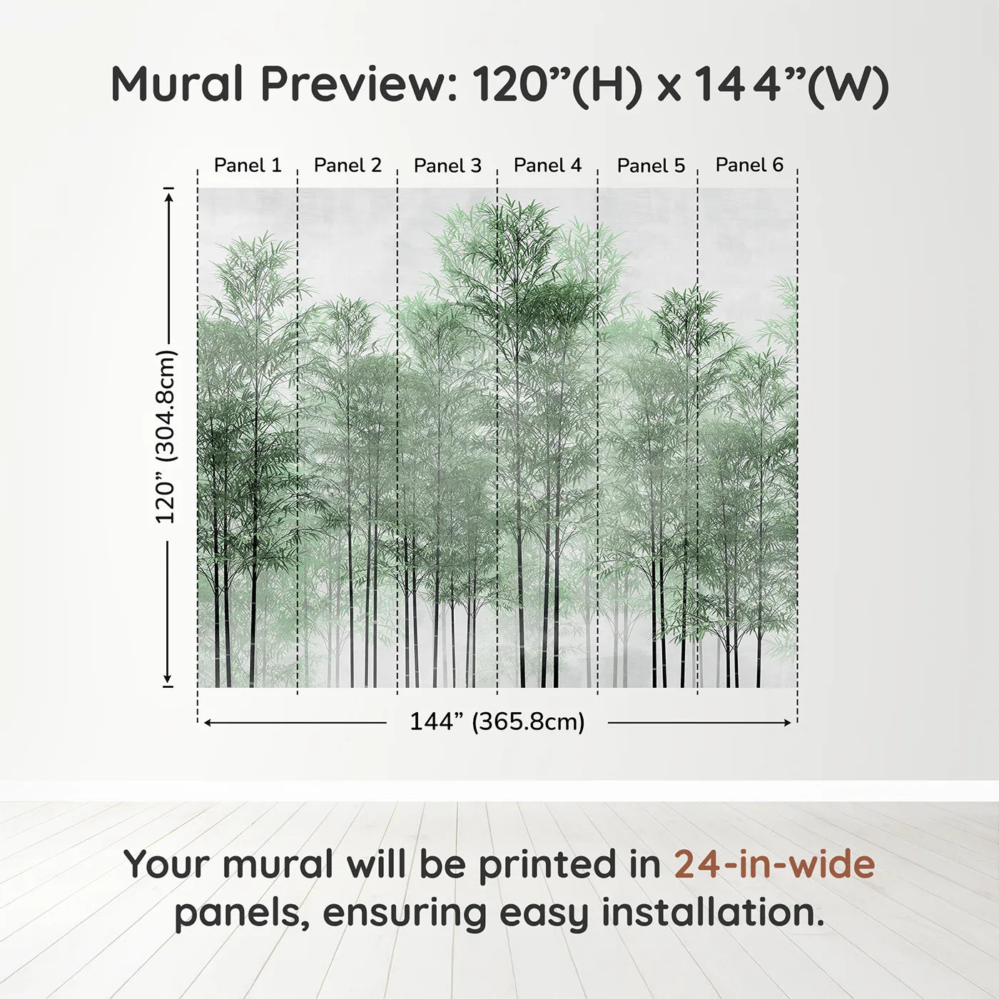 Whimsy Tots Misty Green Bamboo Forest Wall Muraldimension view (120" H x 144" W). Printed in six 24-inch-wide panels. Gender-Neutral