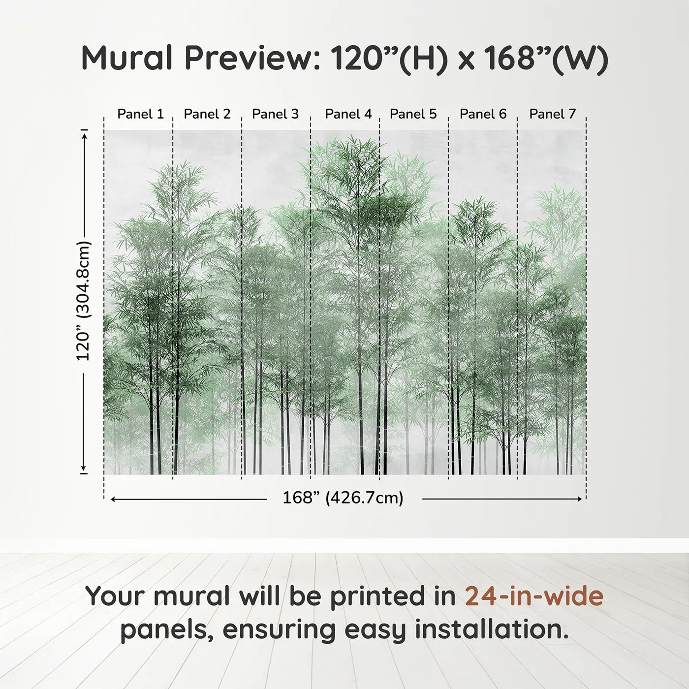 Whimsy Tots Misty Green Bamboo Forest Wall Muraldimension view (120" H x 168" W). Printed in seven 24-inch-wide panels. Gender-Neutral