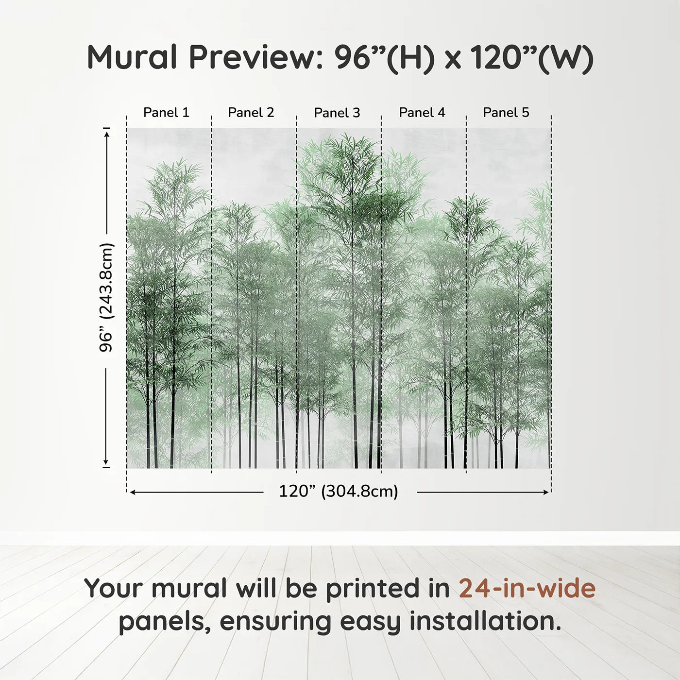 Whimsy Tots Misty Green Bamboo Forest Wall Muraldimension view (96" H x 120" W). Printed in five 24-inch-wide panels. Gender-Neutral