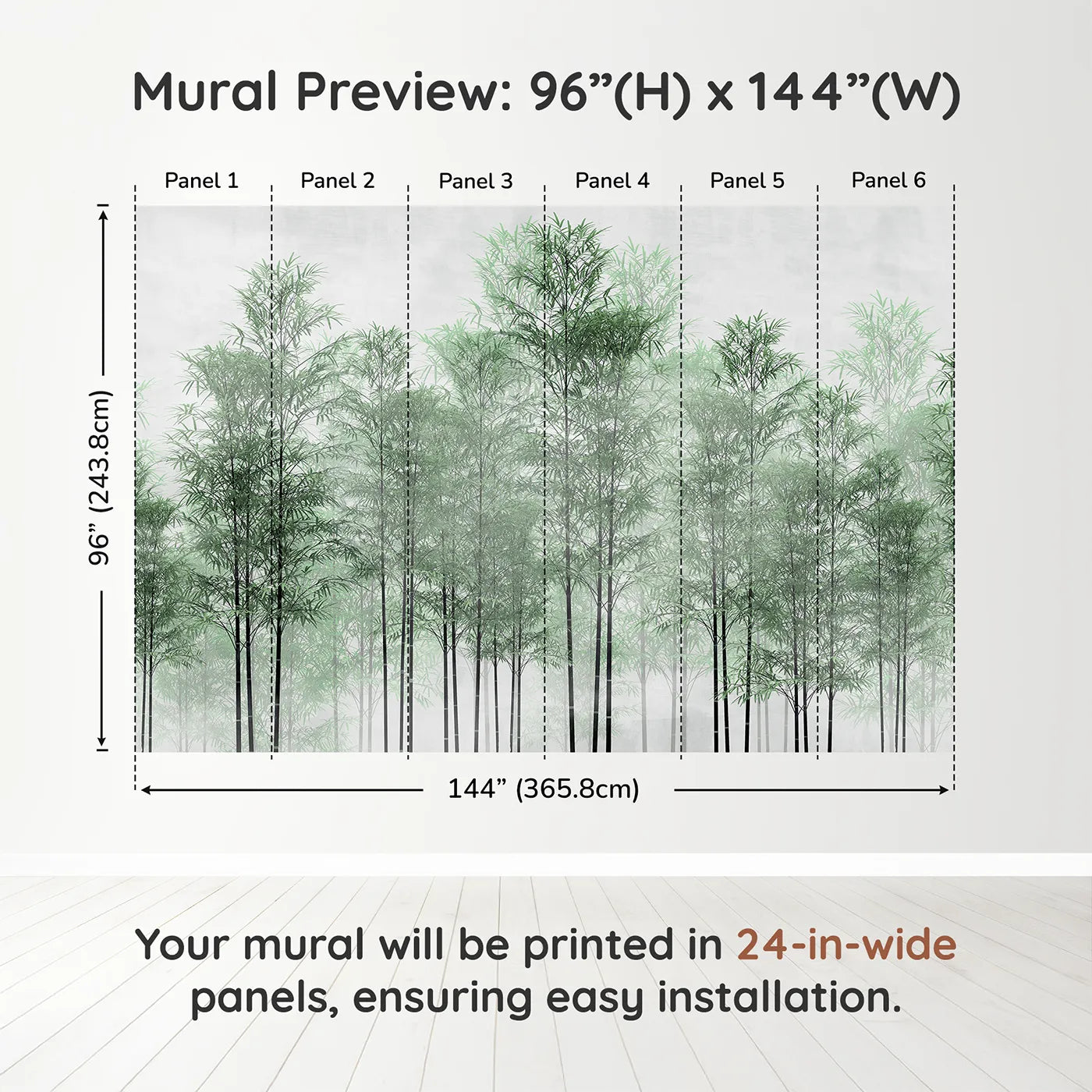 Whimsy Tots Misty Green Bamboo Forest Wall Muraldimension view (96" H x 144" W). Printed in six 24-inch-wide panels. Gender-Neutral