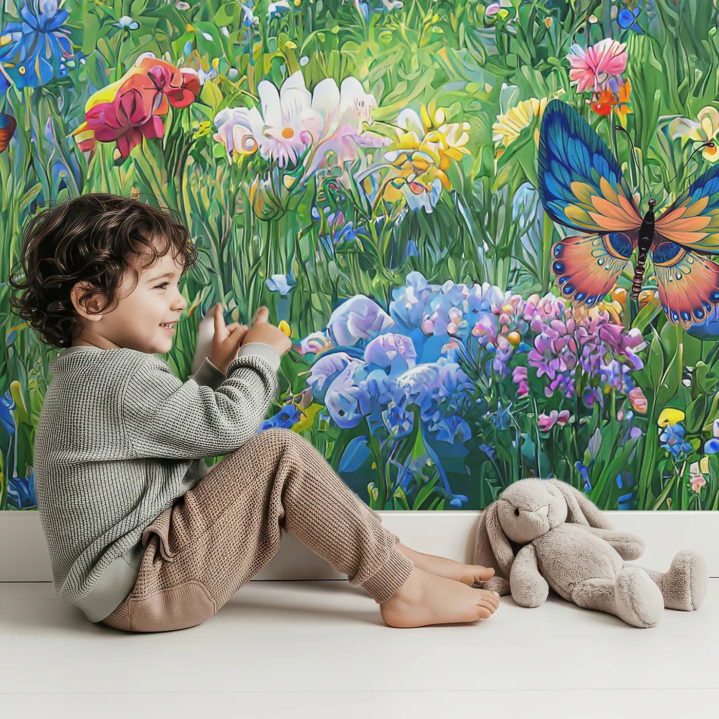 Child in front of Whimsy Tots Vibrant Butterfly Meadow Wall Mural with butterfly, flower, meadow, field, colorful, vibrant, summer, sky in design.