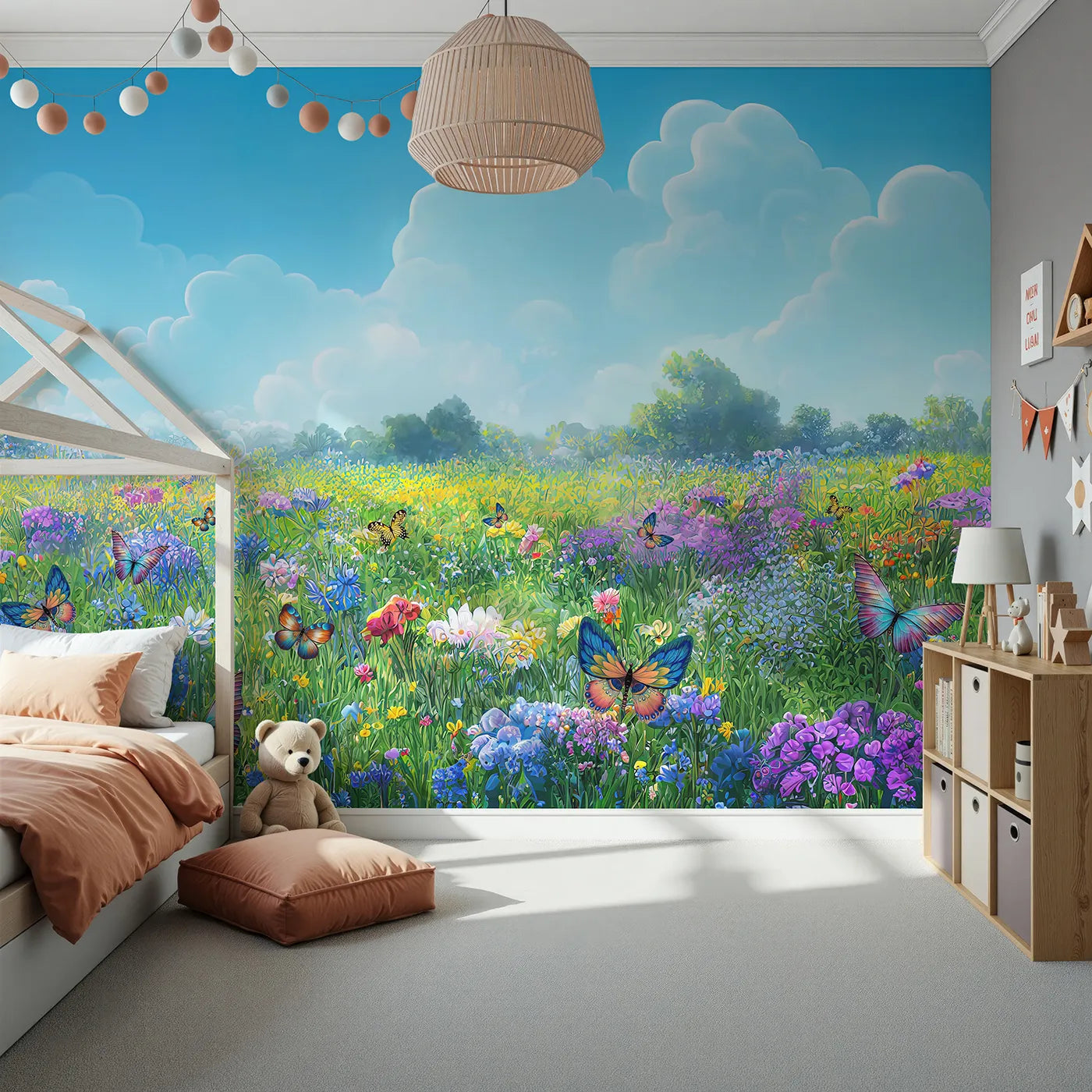 Front view of Whimsy Tots' Vibrant Butterfly Meadow Wall Mural