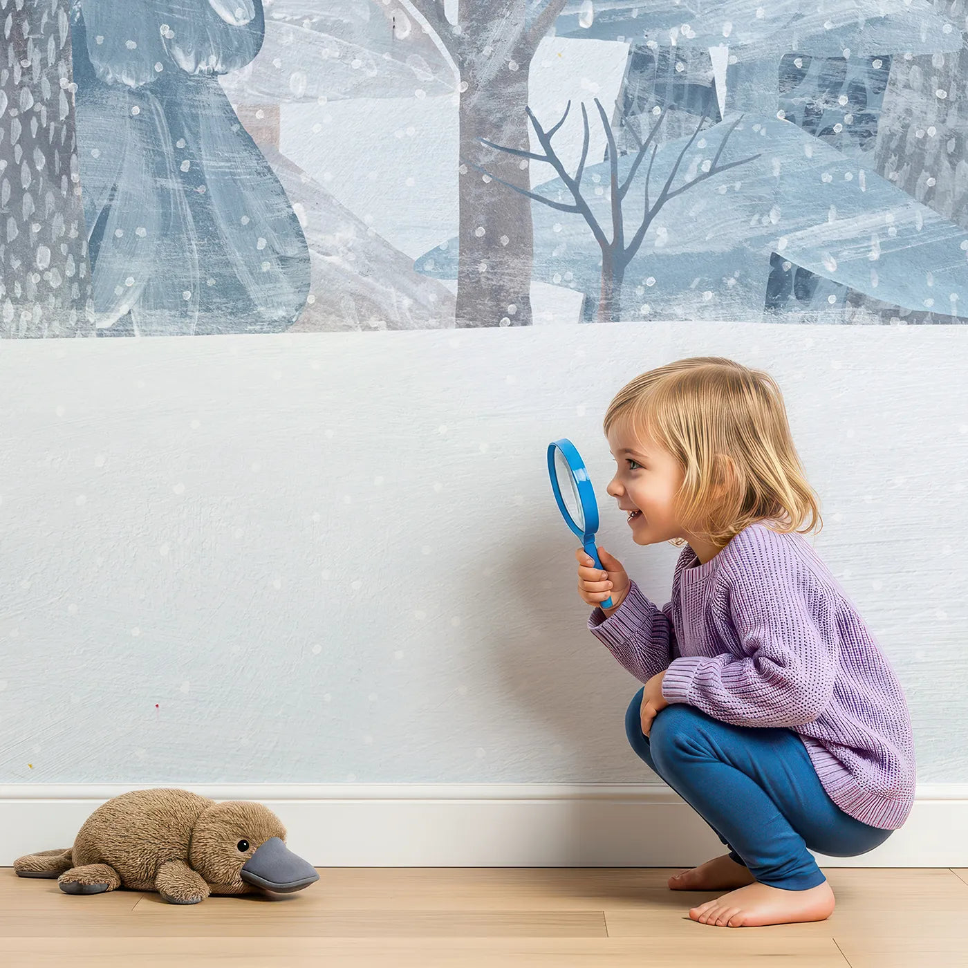 Child in front of Whimsy Tots Snowy Winter Forest Border Wall Mural with winter, forest, snow, tree, painted, artistic, landscape, blue in design.