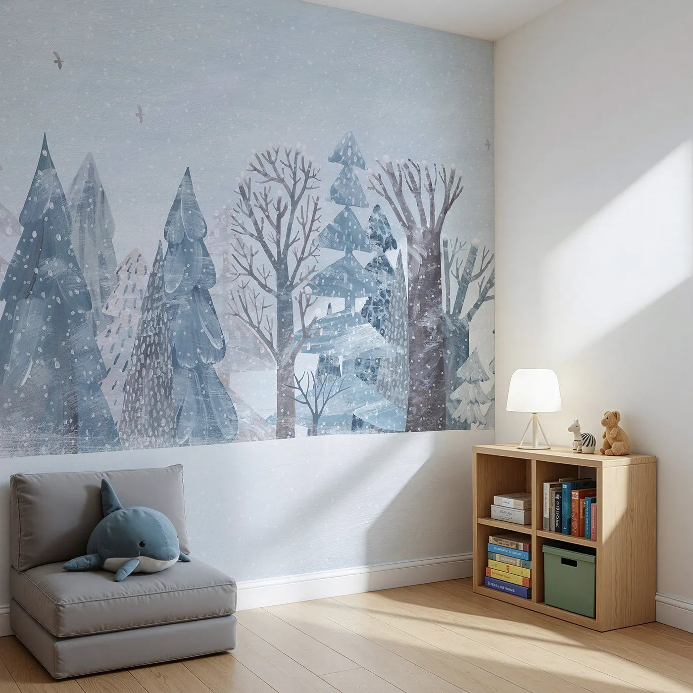 Angled view of Whimsy Tots' Snowy Winter Forest Border Wall Mural (Turn Their Room into a Quiet, Hand-Painted Woodland).Gender-Neutral