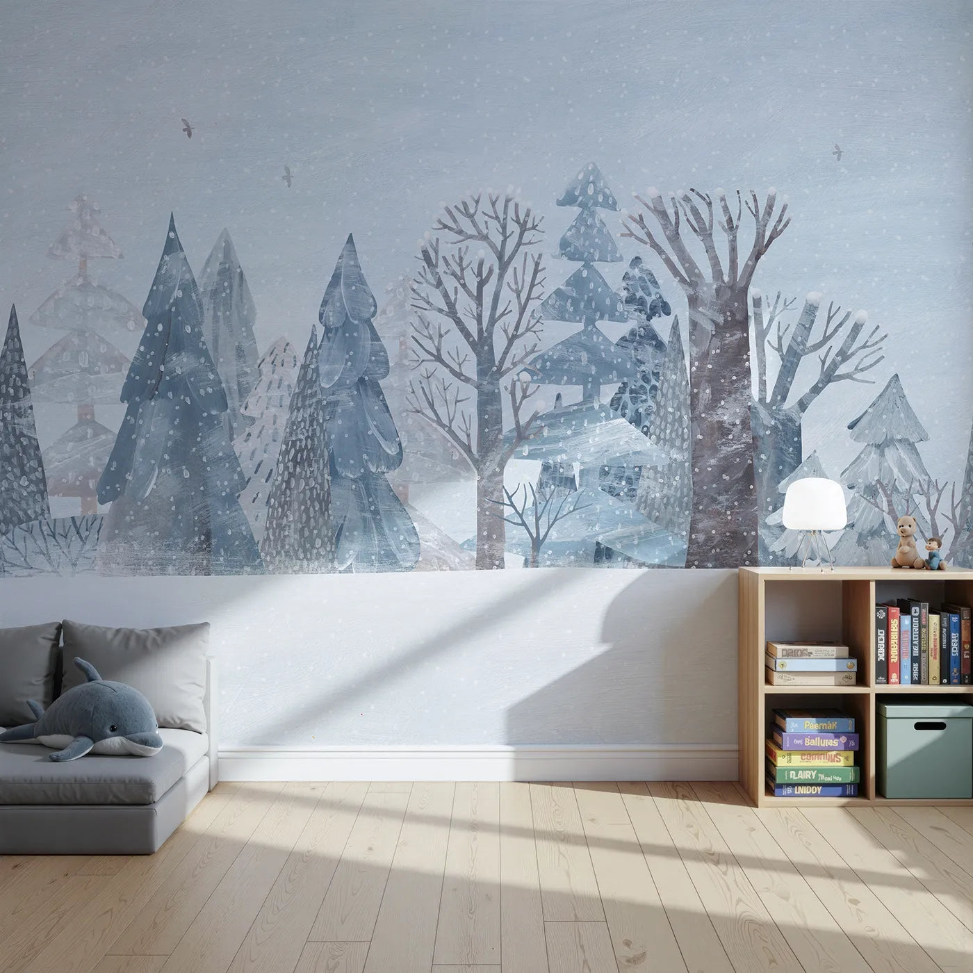 Front view of Whimsy Tots' Snowy Winter Forest Border Wall Mural