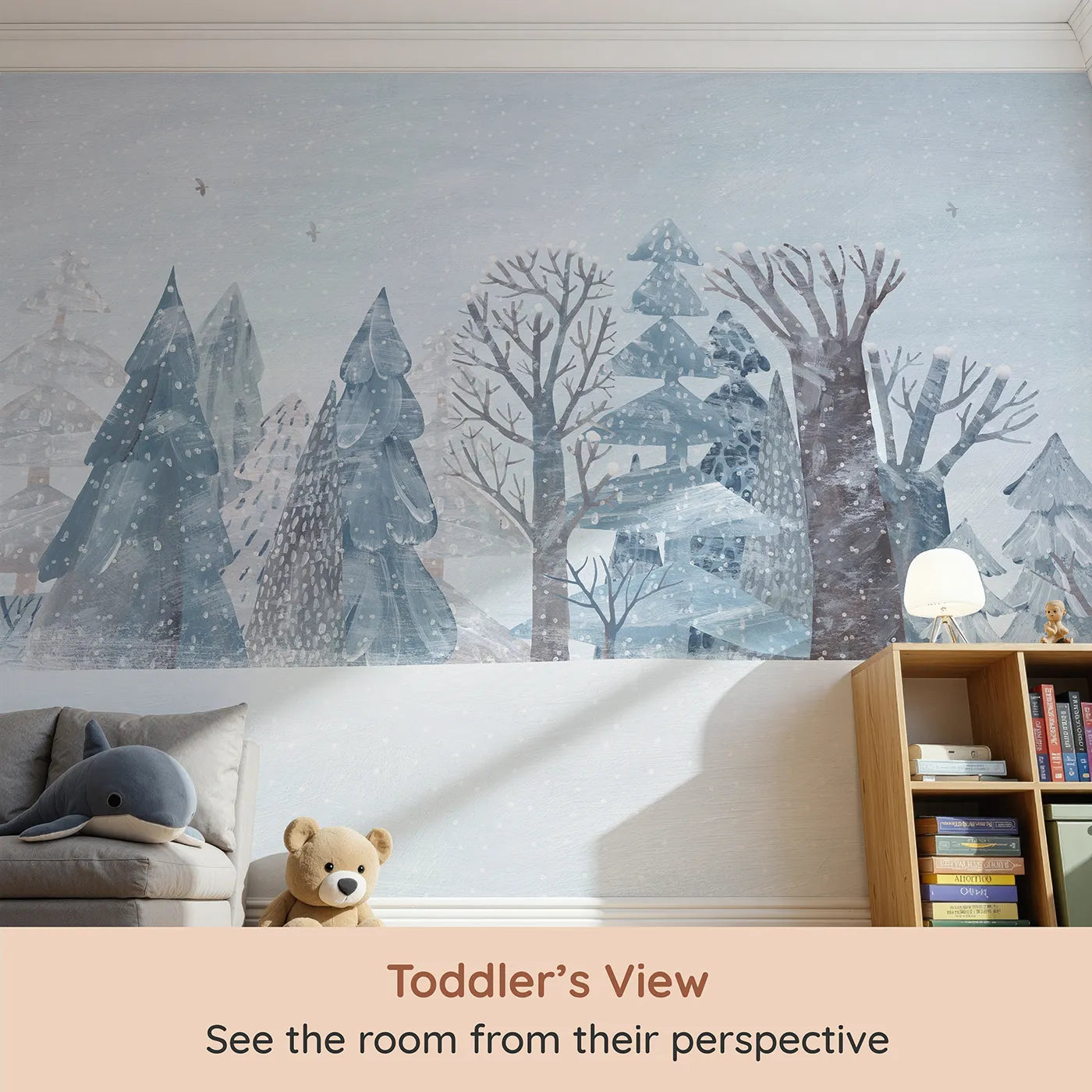 Whimsy Tots Snowy Winter Forest Border Wall Mural (Turn Their Room into a Quiet, Hand-Painted Woodland) from your child's view.Gender-Neutral