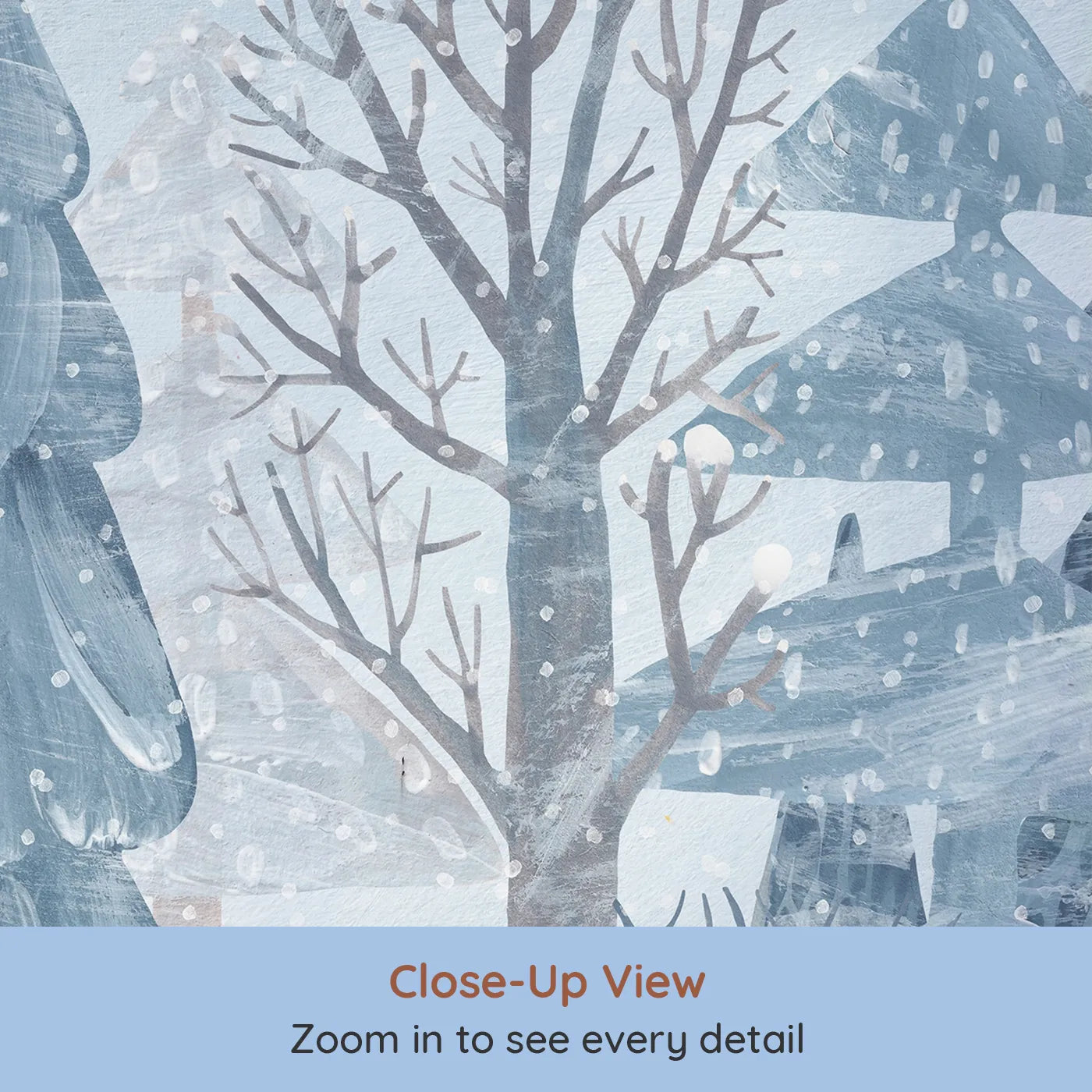 Close-up view of Whimsy Tots' Snowy Winter Forest Border Wall Mural (Turn Their Room into a Quiet, Hand-Painted Woodland).Gender-Neutral
