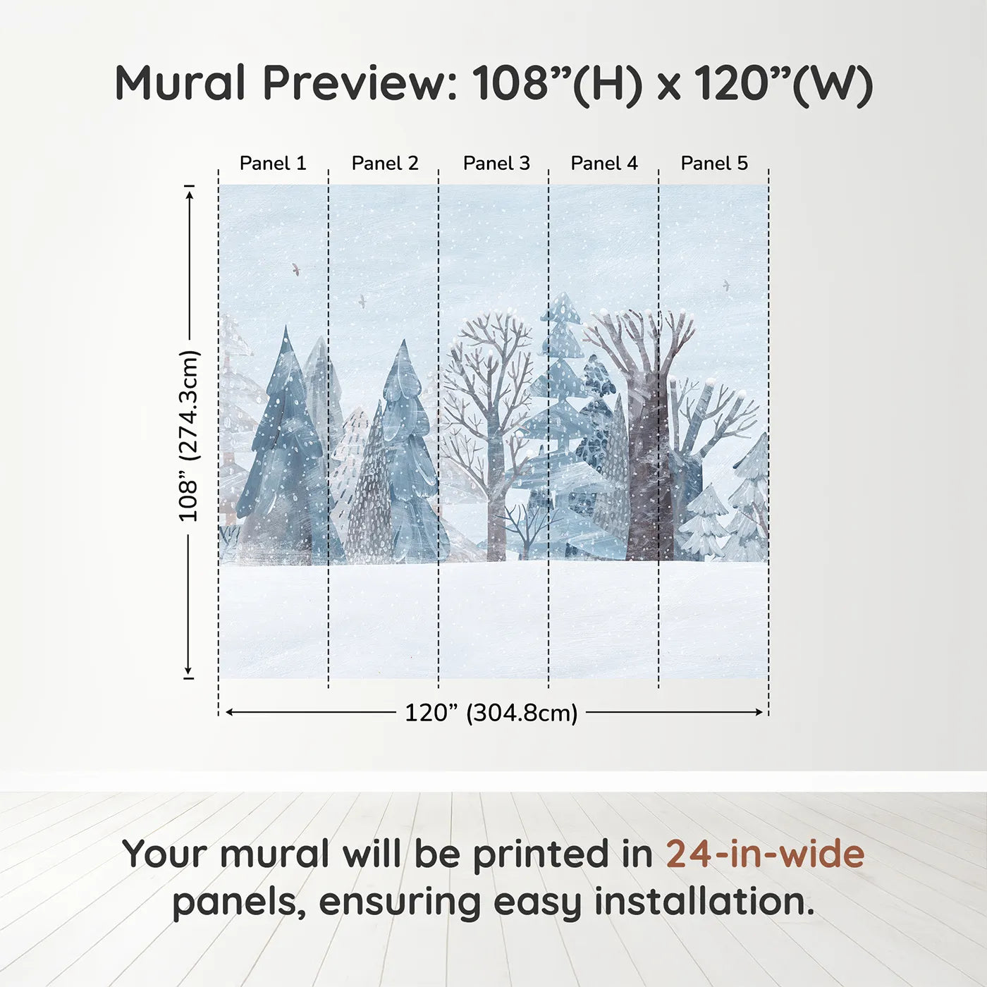Whimsy Tots Snowy Winter Forest Border Wall Muraldimension view (108" H x 120" W). Printed in five 24-inch-wide panels. Gender-Neutral