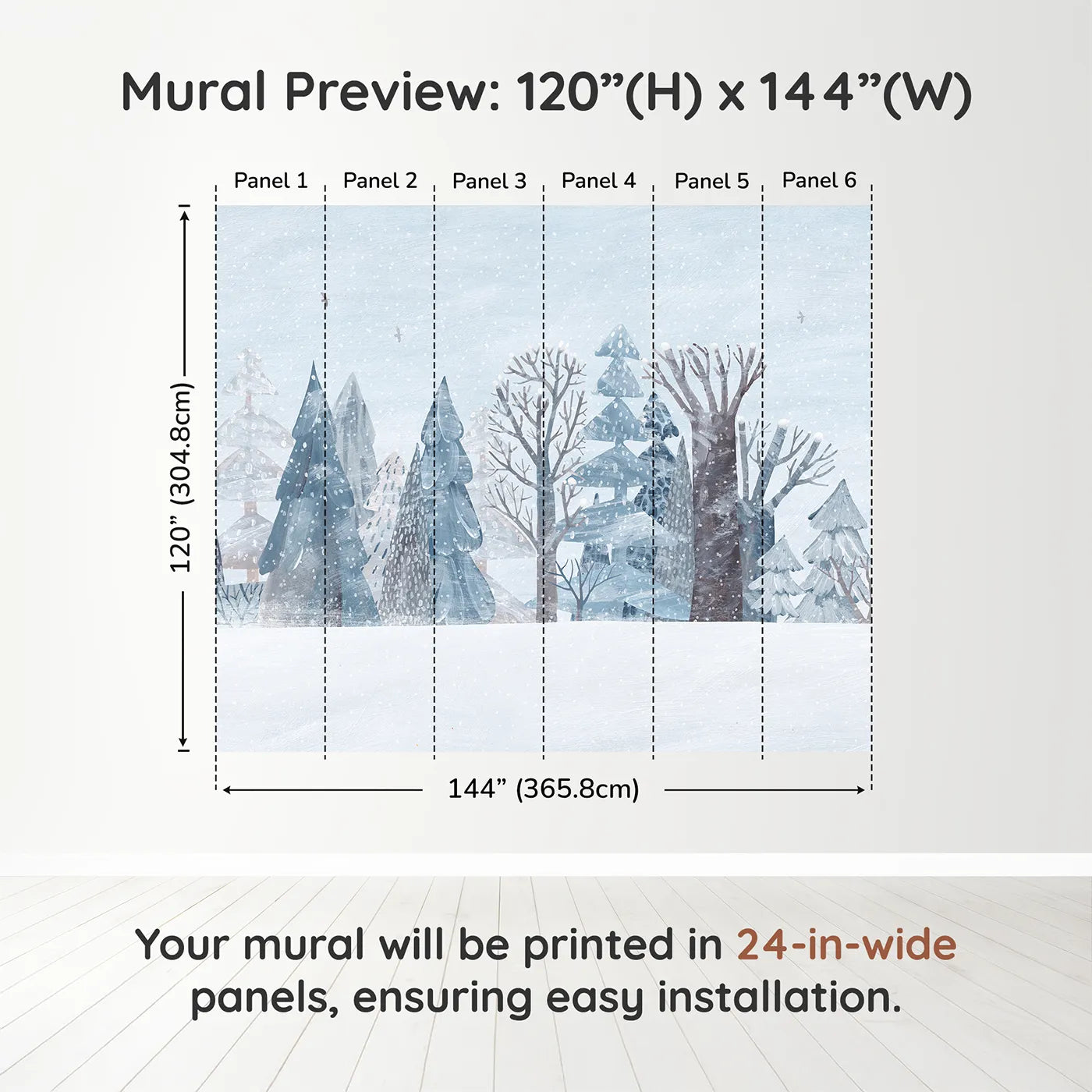 Whimsy Tots Snowy Winter Forest Border Wall Muraldimension view (120" H x 144" W). Printed in six 24-inch-wide panels. Gender-Neutral