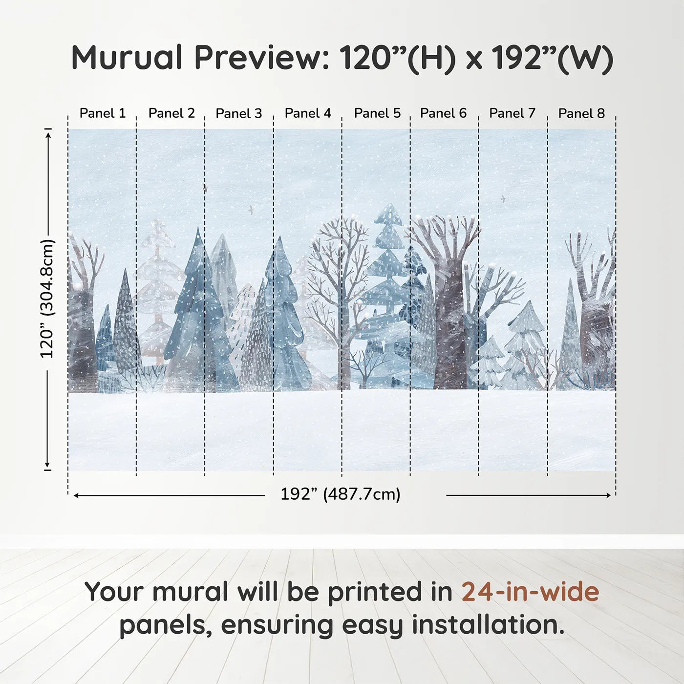 Whimsy Tots Snowy Winter Forest Border Wall Muraldimension view (120" H x 192" W). Printed in eight 24-inch-wide panels. Gender-Neutral