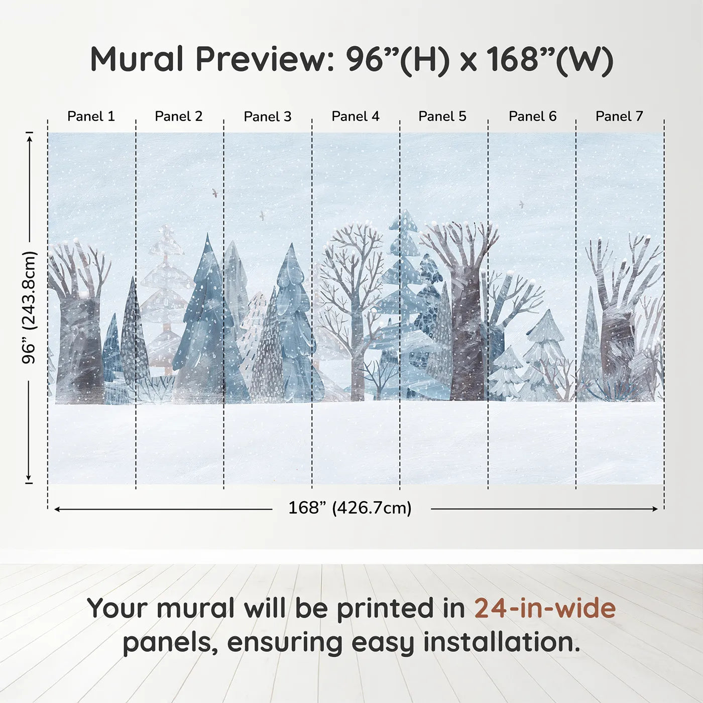 Whimsy Tots Snowy Winter Forest Border Wall Muraldimension view (96" H x 168" W). Printed in seven 24-inch-wide panels. Gender-Neutral