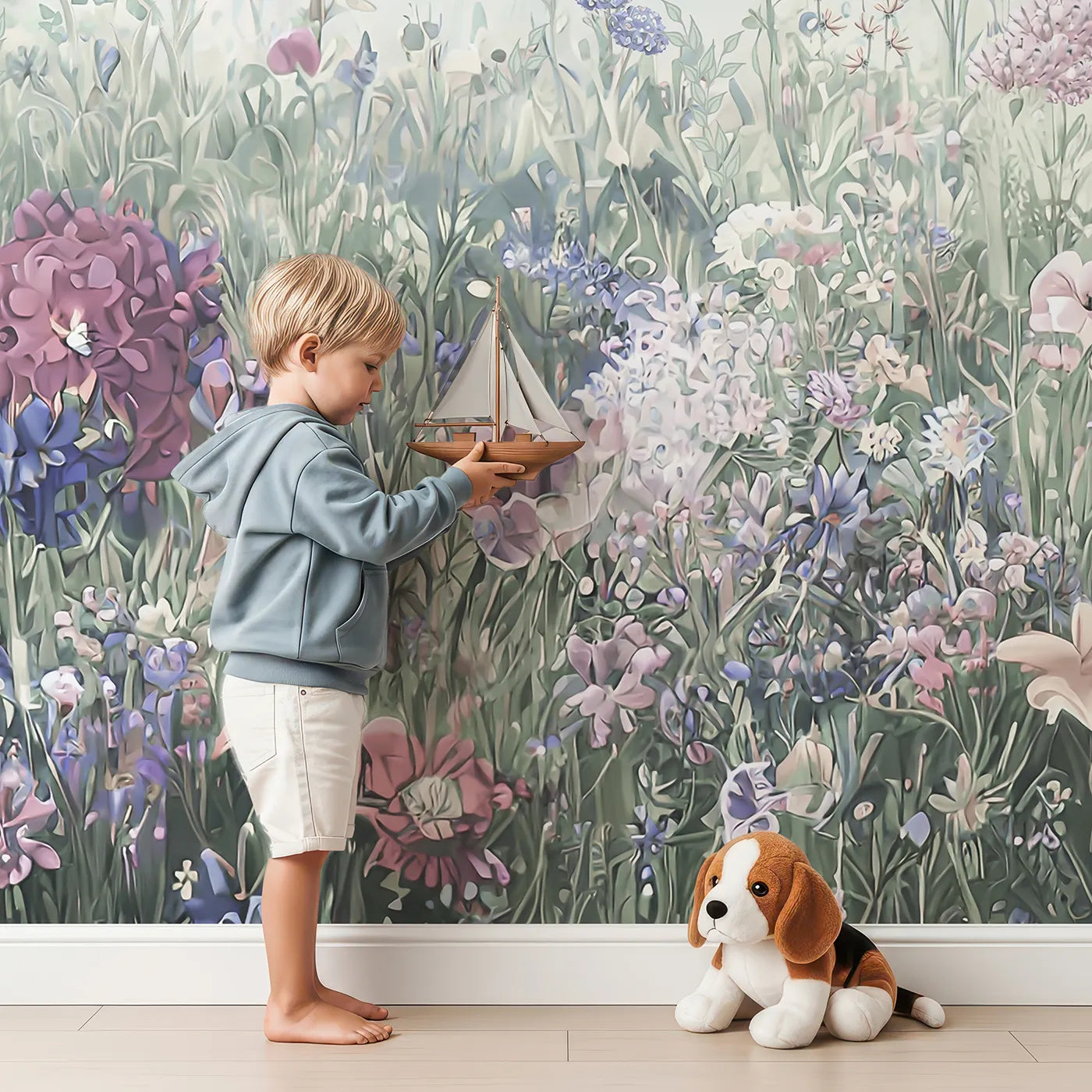 Child in front of Whimsy Tots Pastel Wildflower Meadow Wall Mural with flower, meadow, wildflower, painterly, impressionist, pastel, field, sky in design.
