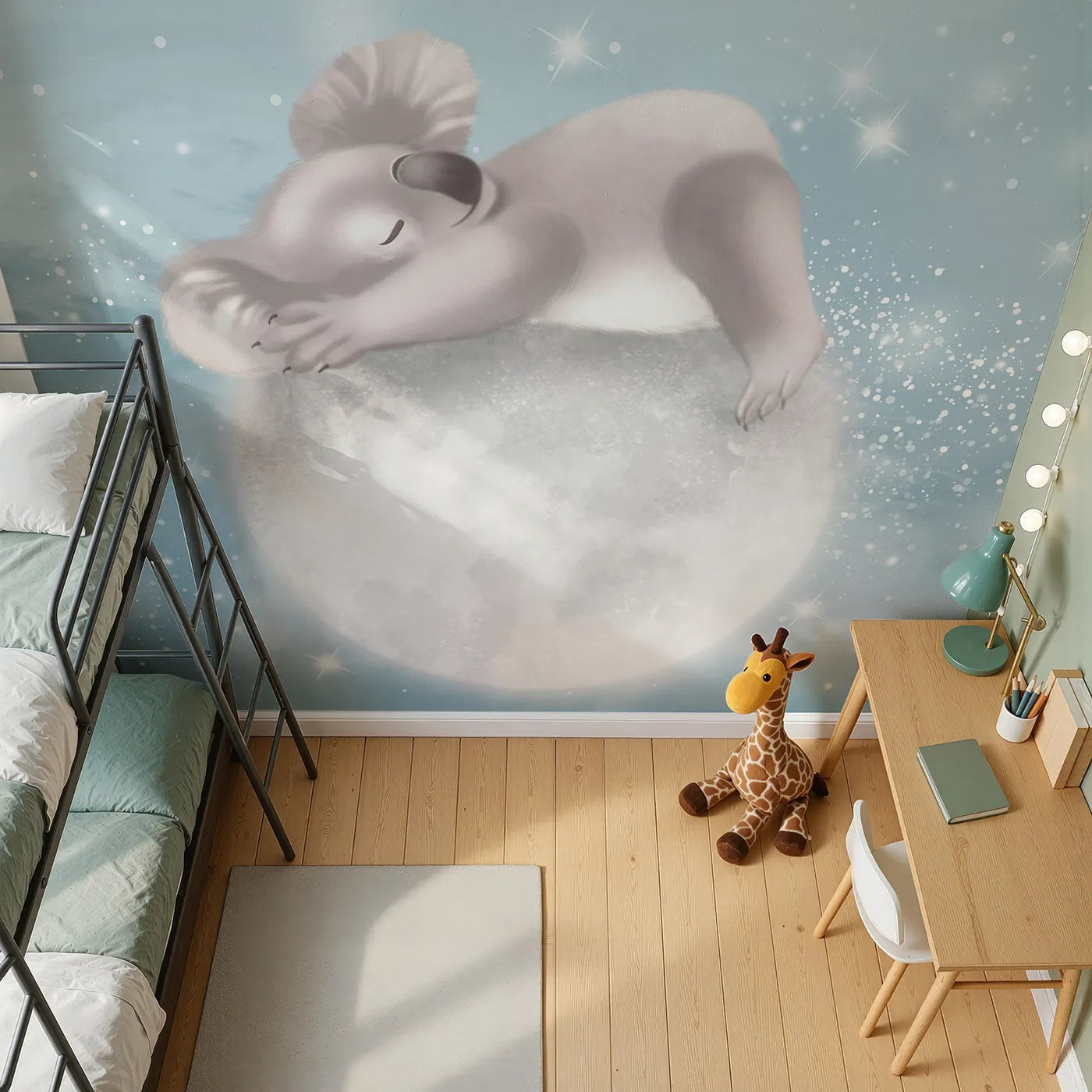 Top-down view of Whimsy Tots' Koala on the Moon Wall Mural (Turn Their Room into the Sweetest, Starriest Dreamland).Gender-Neutral