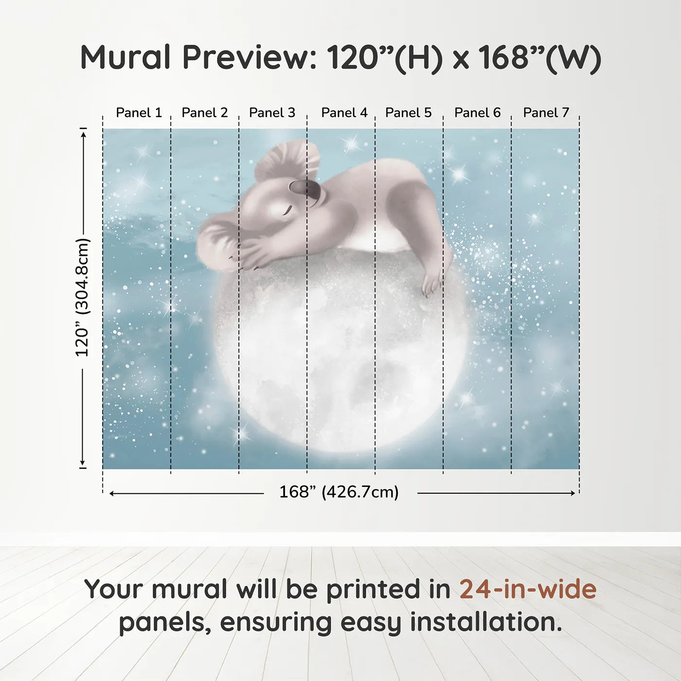Whimsy Tots Koala on the Moon Wall Muraldimension view (120" H x 168" W). Printed in seven 24-inch-wide panels. Gender-Neutral