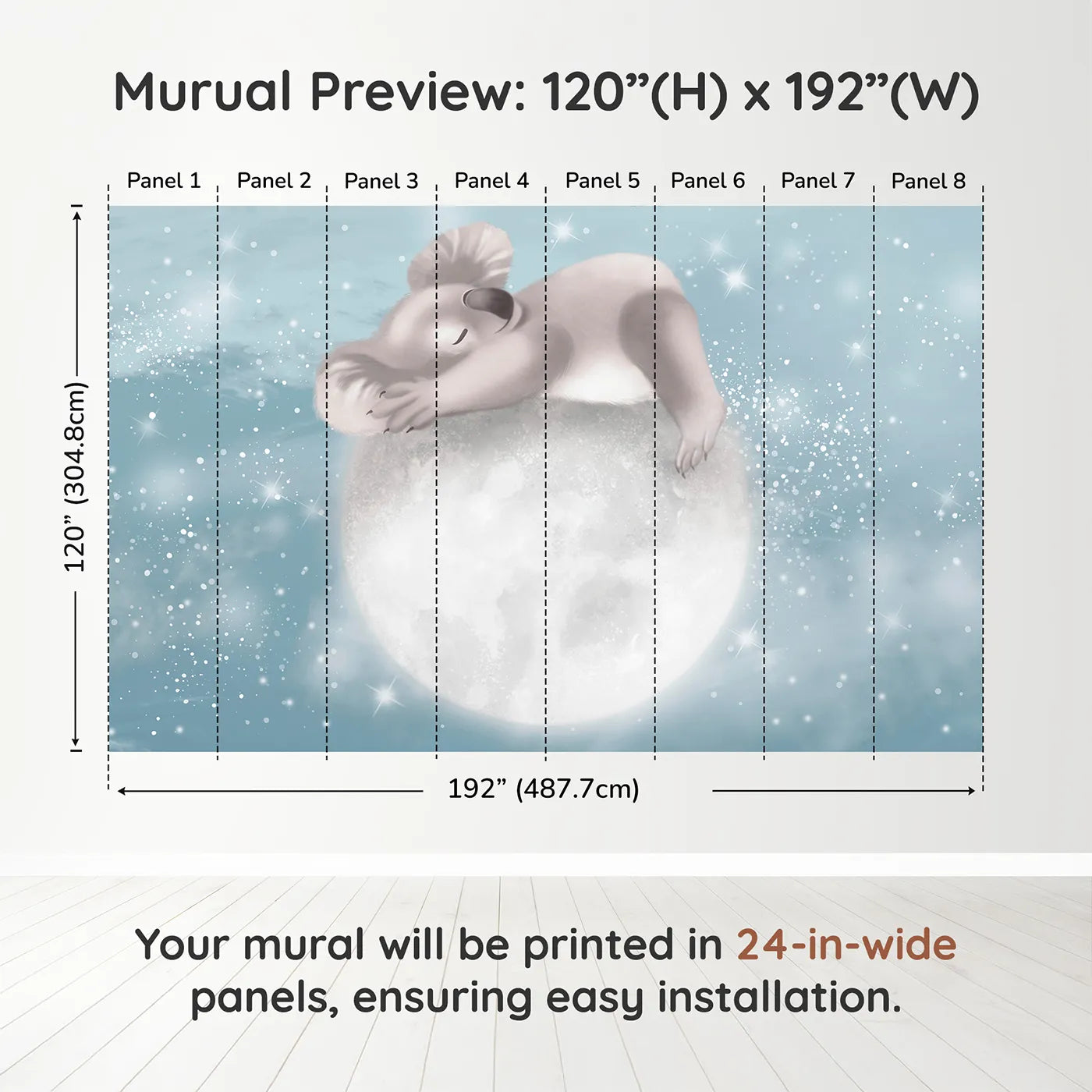 Whimsy Tots Koala on the Moon Wall Muraldimension view (120" H x 192" W). Printed in eight 24-inch-wide panels. Gender-Neutral
