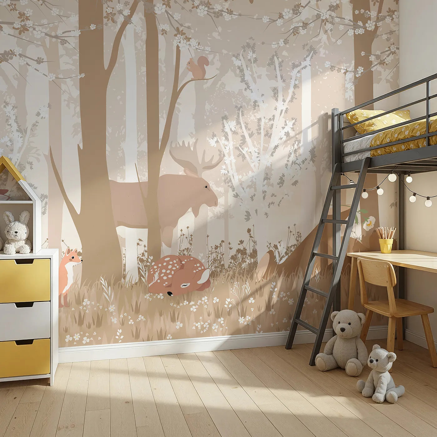 Angled view of Whimsy Tots' Monochrome Woodland Friends Wall Mural (Turn Their Room into a Calm and Gentle Forest Scene).Gender-Neutral