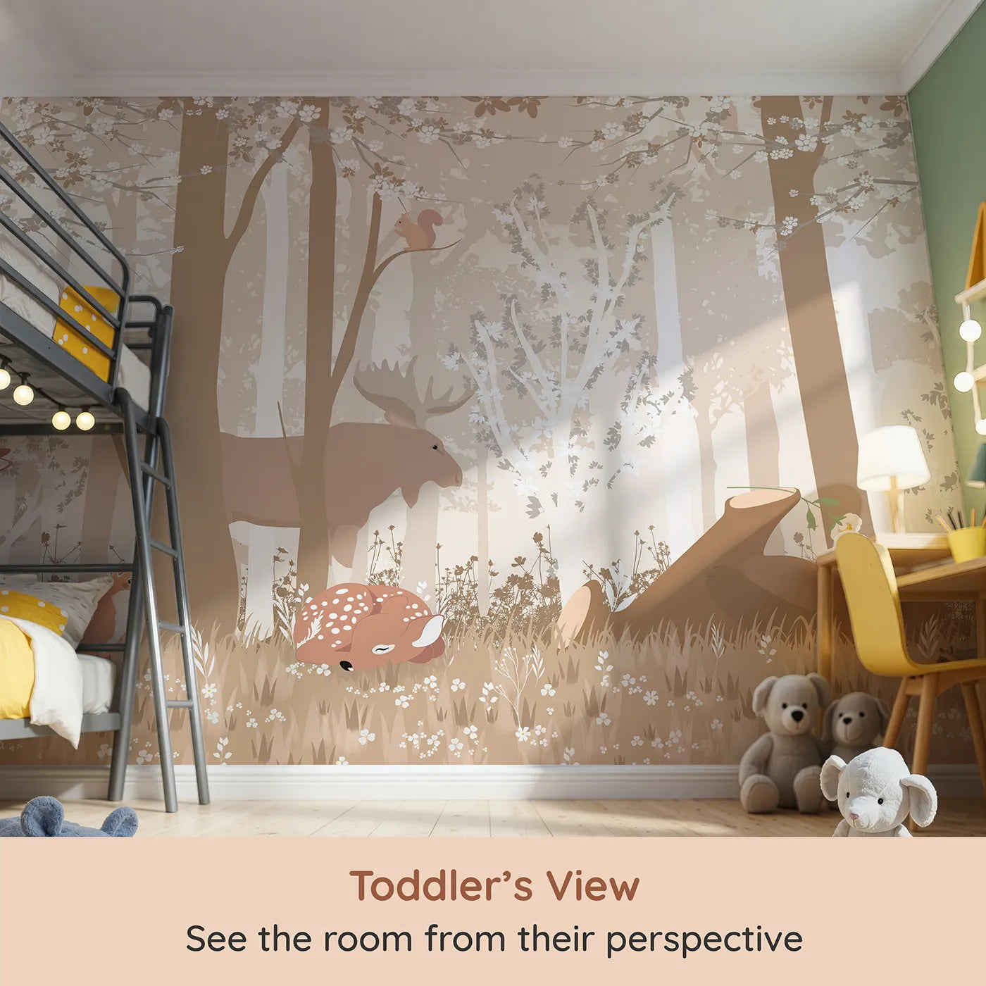 Whimsy Tots Monochrome Woodland Friends Wall Mural (Turn Their Room into a Calm and Gentle Forest Scene) from your child's view.Gender-Neutral