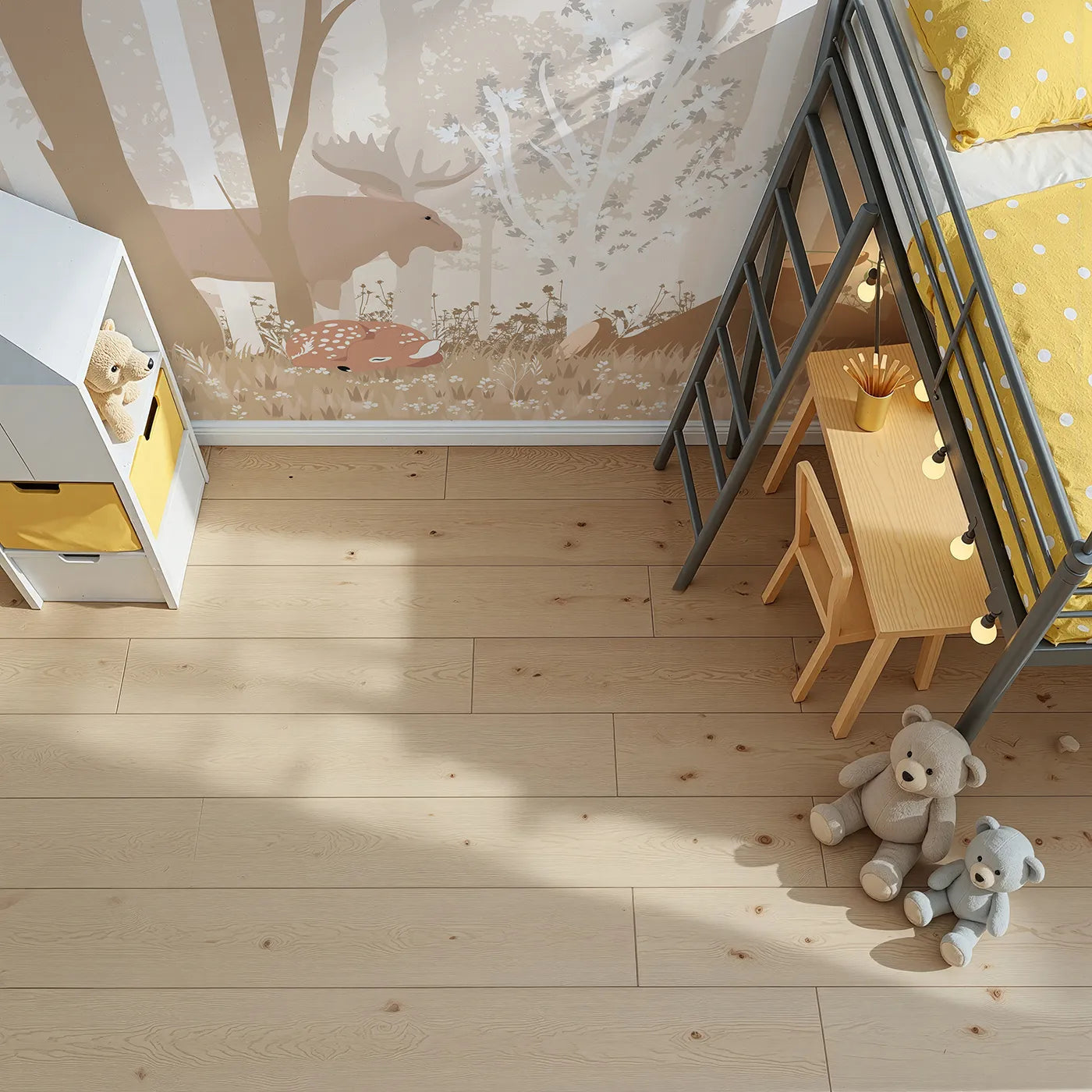 Top-down view of Whimsy Tots' Monochrome Woodland Friends Wall Mural (Turn Their Room into a Calm and Gentle Forest Scene).Gender-Neutral