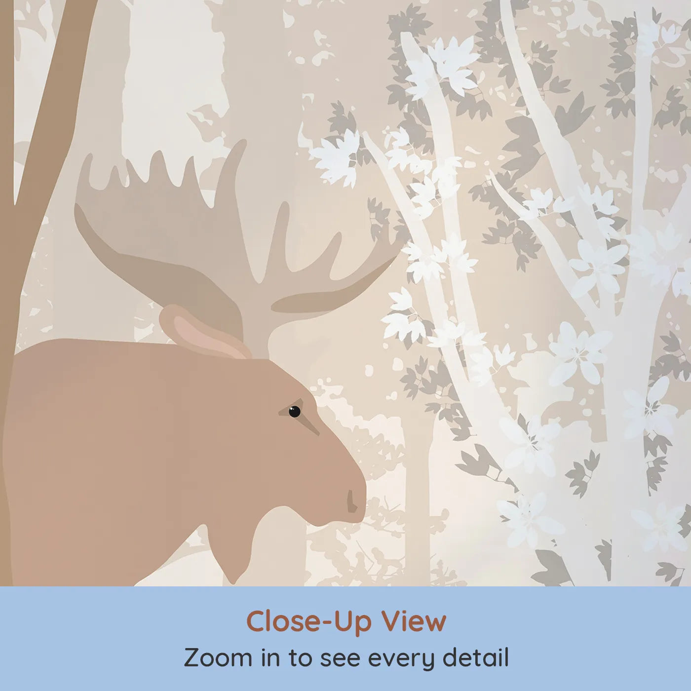 Close-up view of Whimsy Tots' Monochrome Woodland Friends Wall Mural (Turn Their Room into a Calm and Gentle Forest Scene).Gender-Neutral