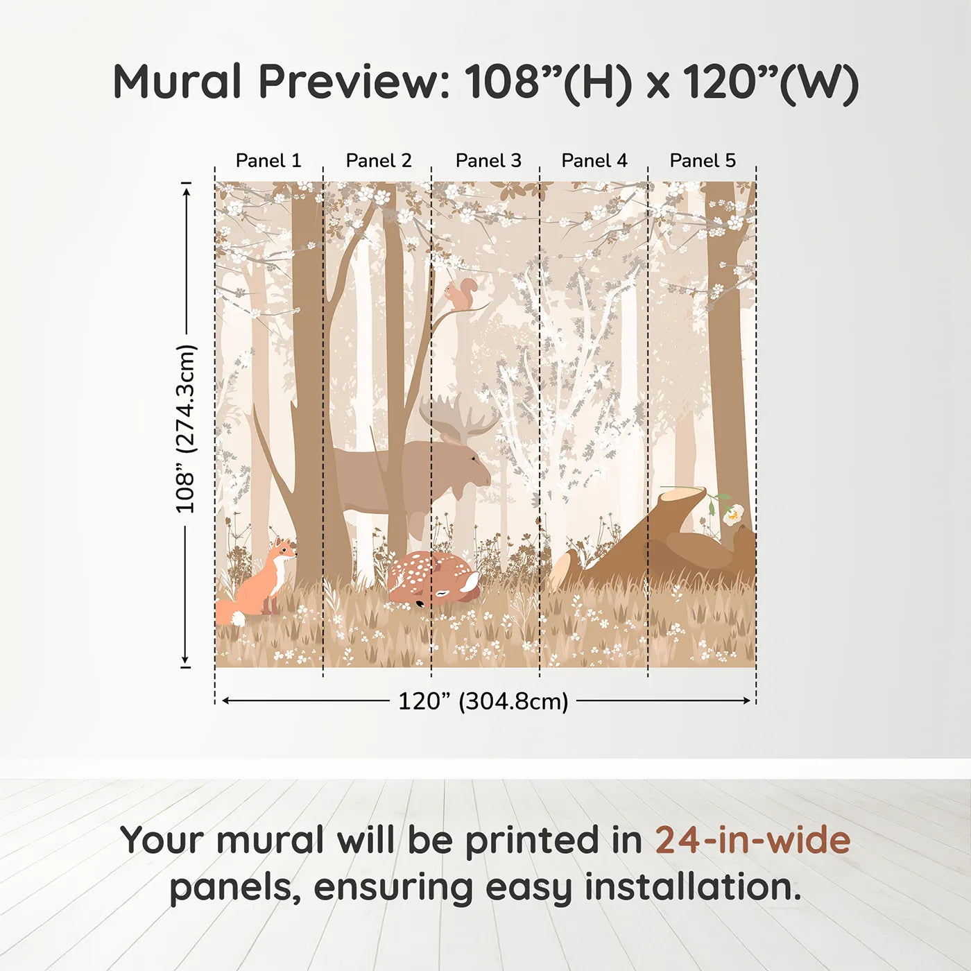 Whimsy Tots Monochrome Woodland Friends Wall Muraldimension view (108" H x 120" W). Printed in five 24-inch-wide panels. Gender-Neutral