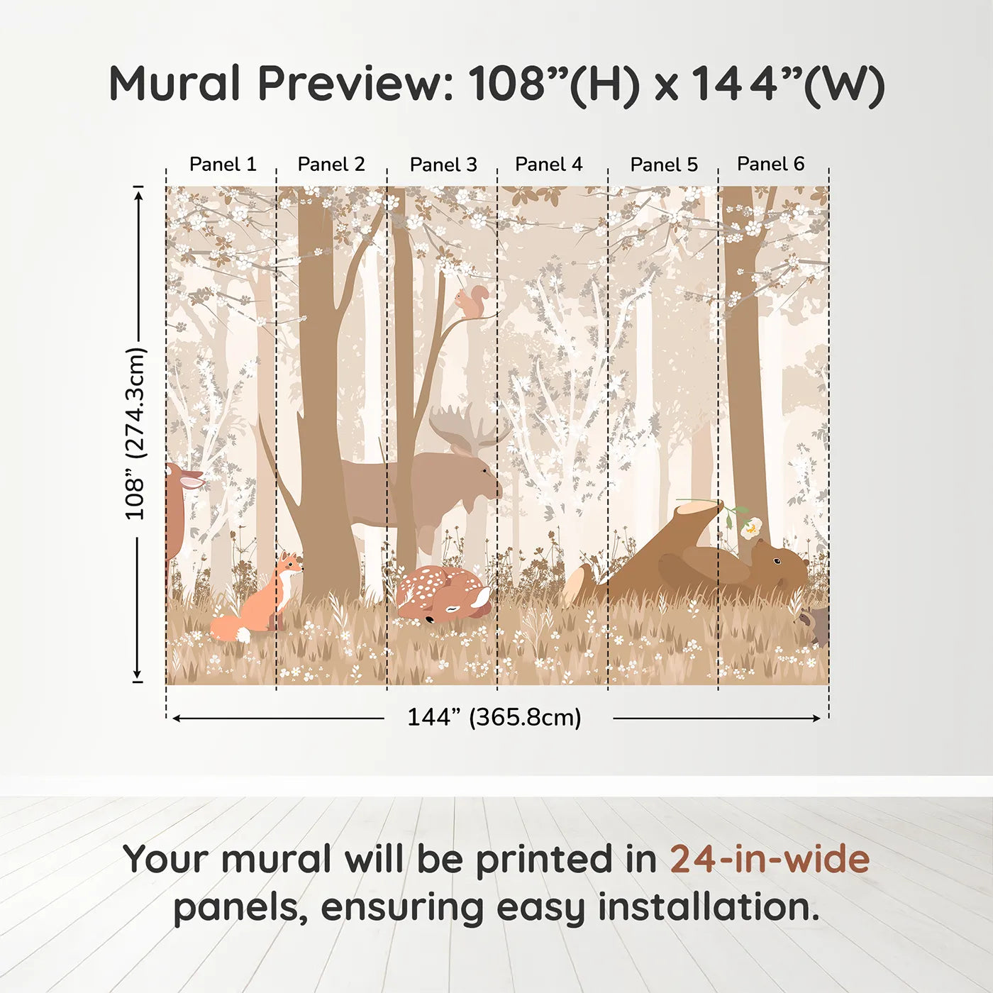 Whimsy Tots Monochrome Woodland Friends Wall Muraldimension view (108" H x 144" W). Printed in six 24-inch-wide panels. Gender-Neutral