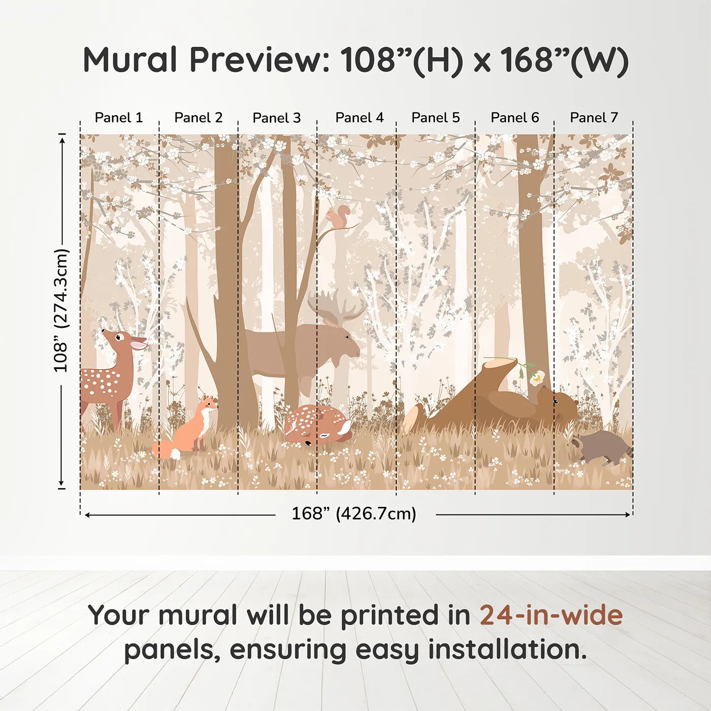 Whimsy Tots Monochrome Woodland Friends Wall Muraldimension view (108" H x 168" W). Printed in seven 24-inch-wide panels. Gender-Neutral