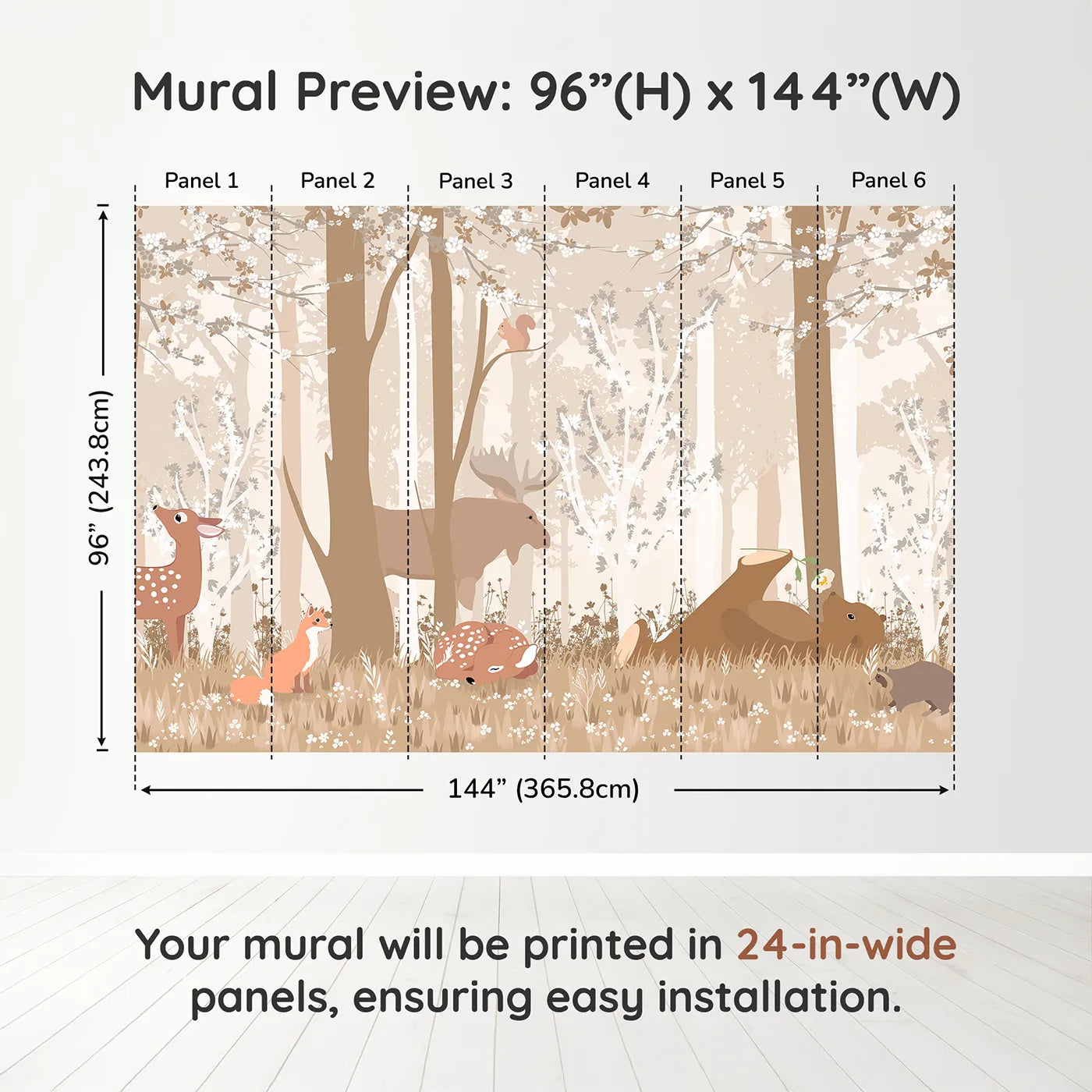 Whimsy Tots Monochrome Woodland Friends Wall Muraldimension view (96" H x 144" W). Printed in six 24-inch-wide panels. Gender-Neutral