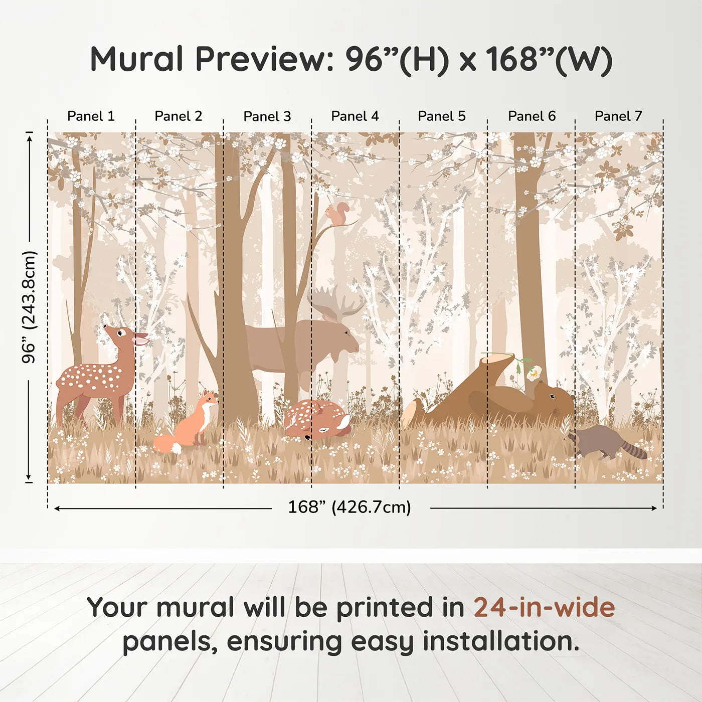 Whimsy Tots Monochrome Woodland Friends Wall Muraldimension view (96" H x 168" W). Printed in seven 24-inch-wide panels. Gender-Neutral