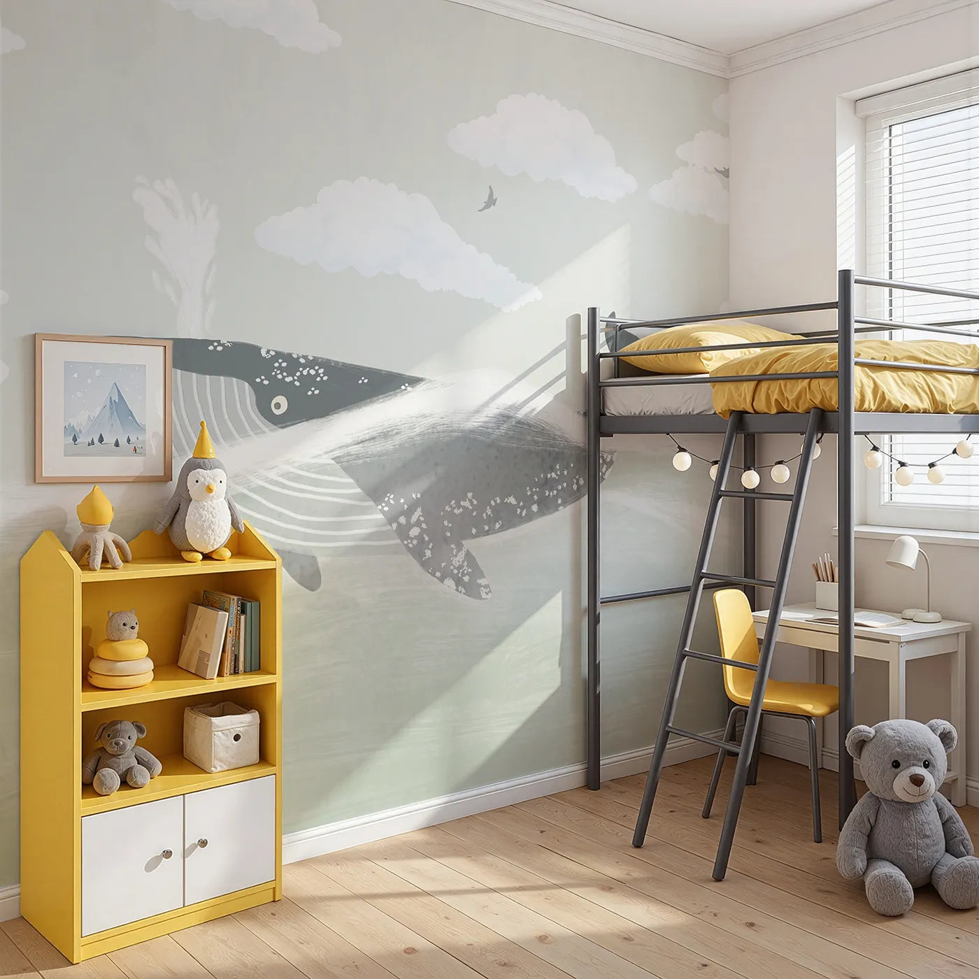 Angled view of Whimsy Tots' Misty Whale Wall Mural (Turn Their Room into a Calm and Ethereal Ocean Dream).Gender-Neutral