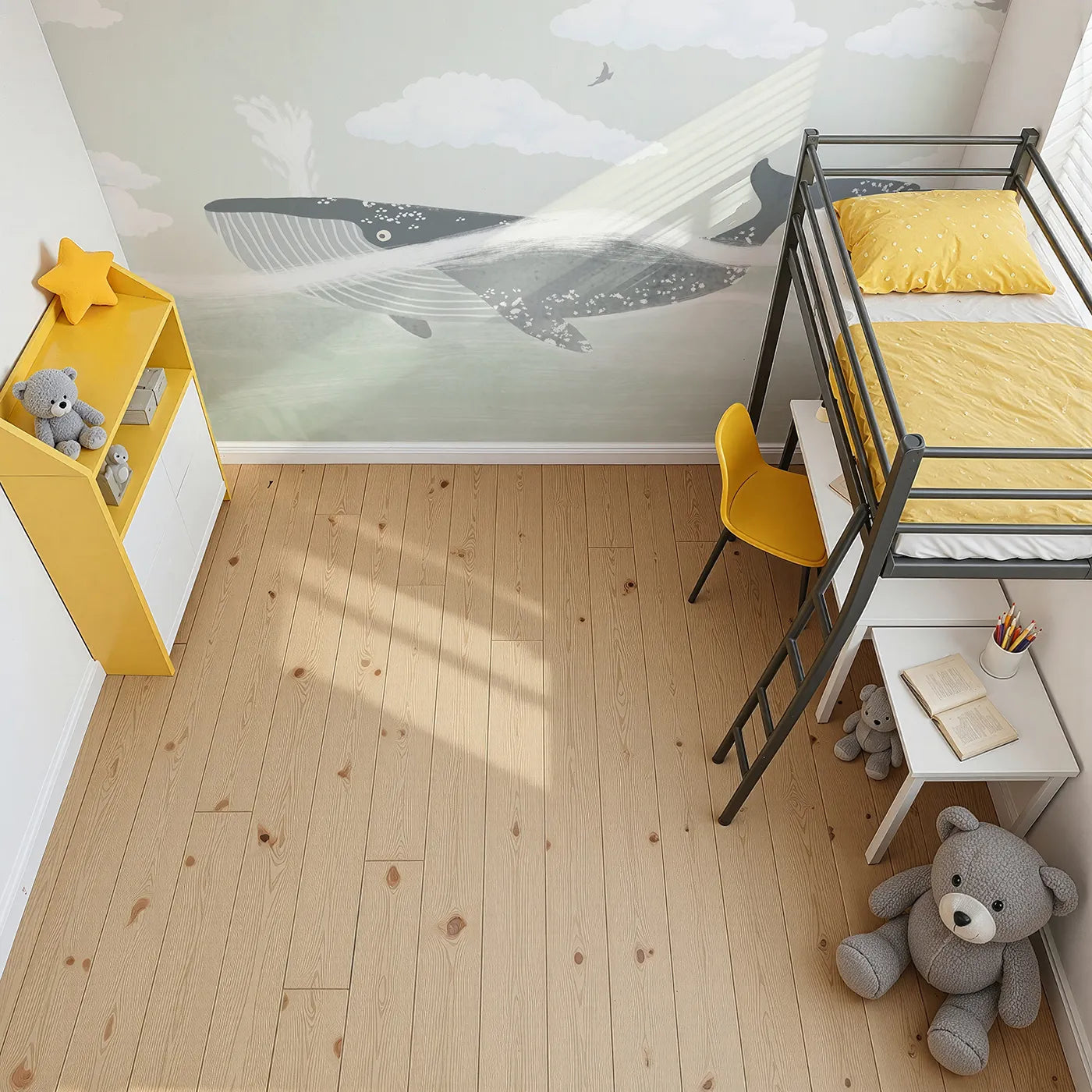 Top-down view of Whimsy Tots' Misty Whale Wall Mural (Turn Their Room into a Calm and Ethereal Ocean Dream).Gender-Neutral