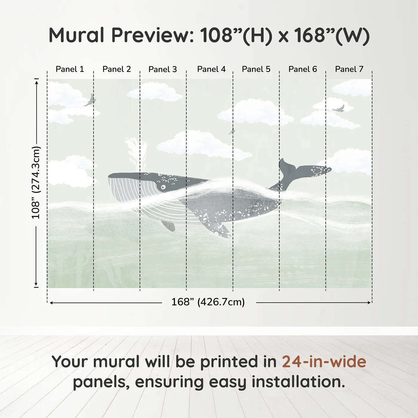 Whimsy Tots Misty Whale Wall Muraldimension view (108" H x 168" W). Printed in seven 24-inch-wide panels. Gender-Neutral