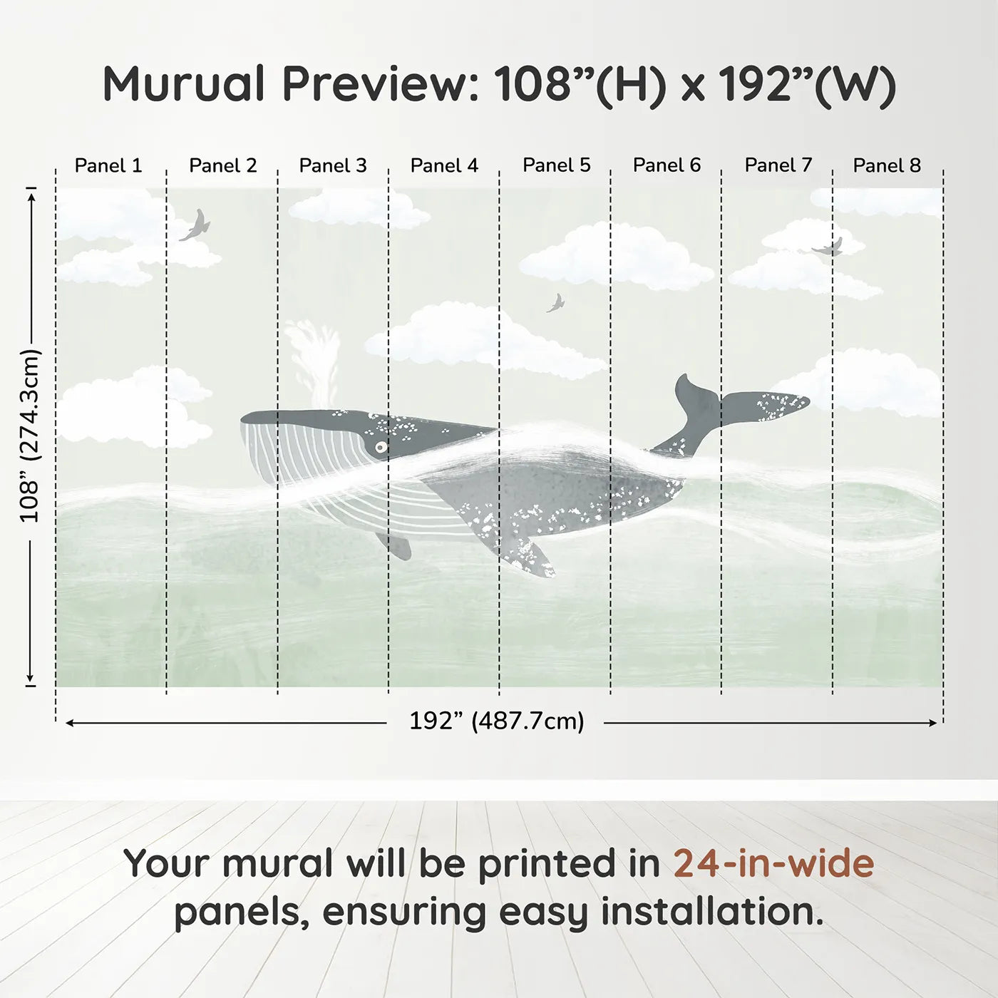 Whimsy Tots Misty Whale Wall Muraldimension view (108" H x 192" W). Printed in eight 24-inch-wide panels. Gender-Neutral