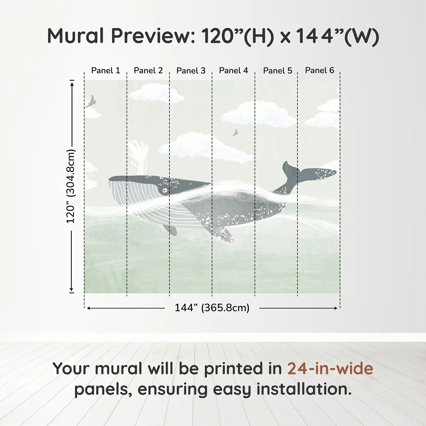 Whimsy Tots Misty Whale Wall Muraldimension view (120" H x 144" W). Printed in six 24-inch-wide panels. Gender-Neutral