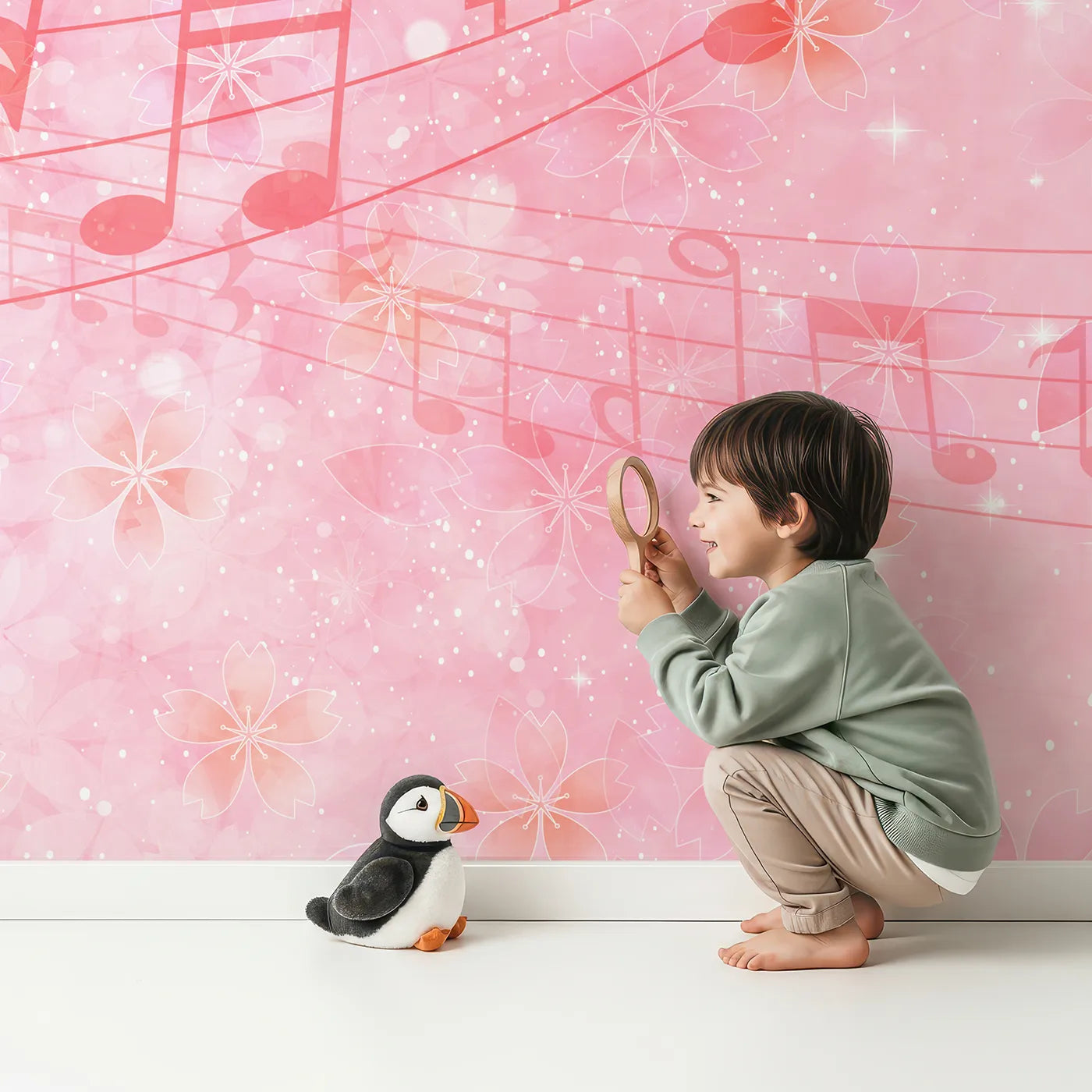 Child in front of Whimsy Tots Pink Cherry Blossom Melody Wall Mural with music, flower, blossom, pink, sparkle, cherry blossom, note, melody in design.
