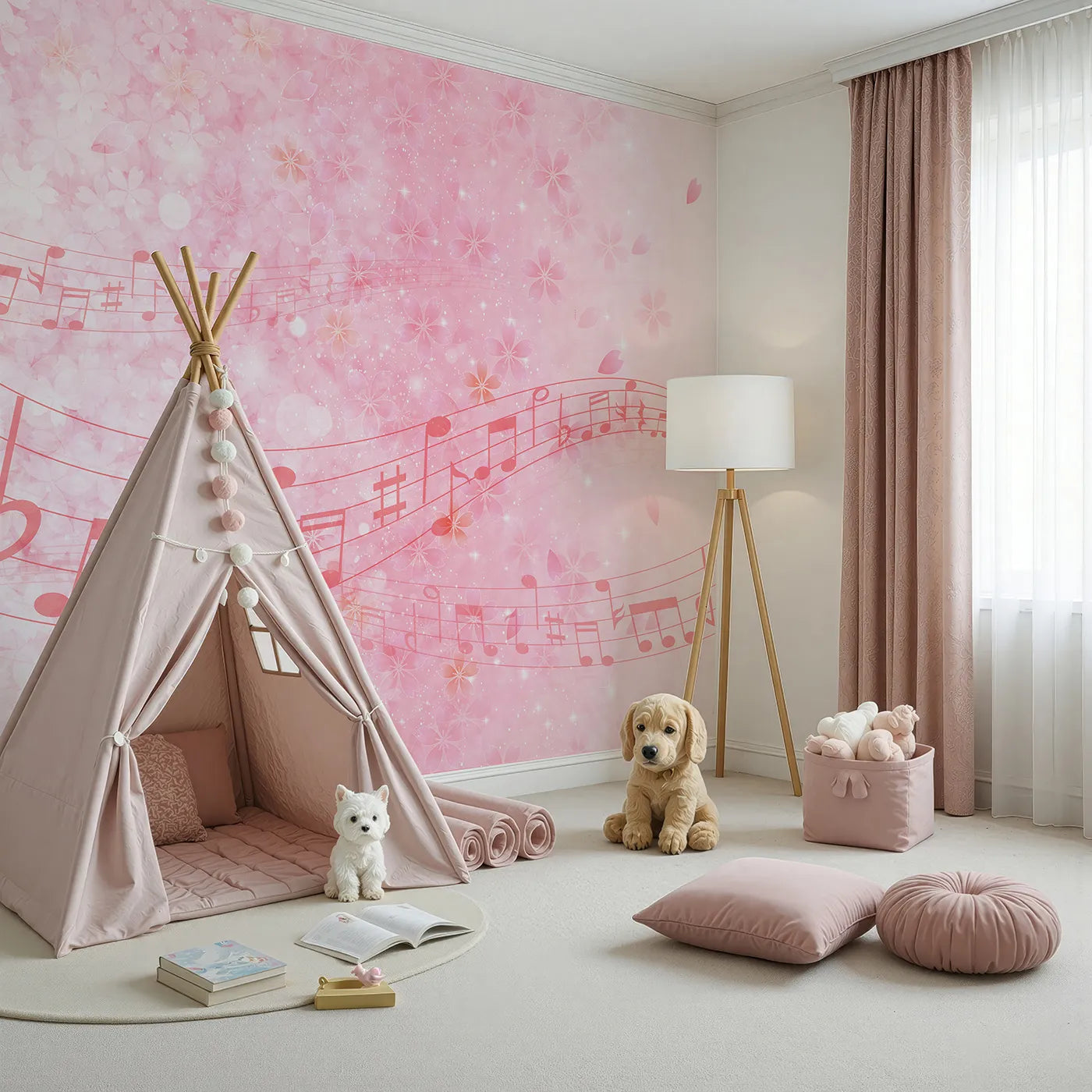 Angled view of Whimsy Tots' Pink Cherry Blossom Melody Wall Mural (Turn Their Room into a Sparkling Spring Symphony).Best for Girls