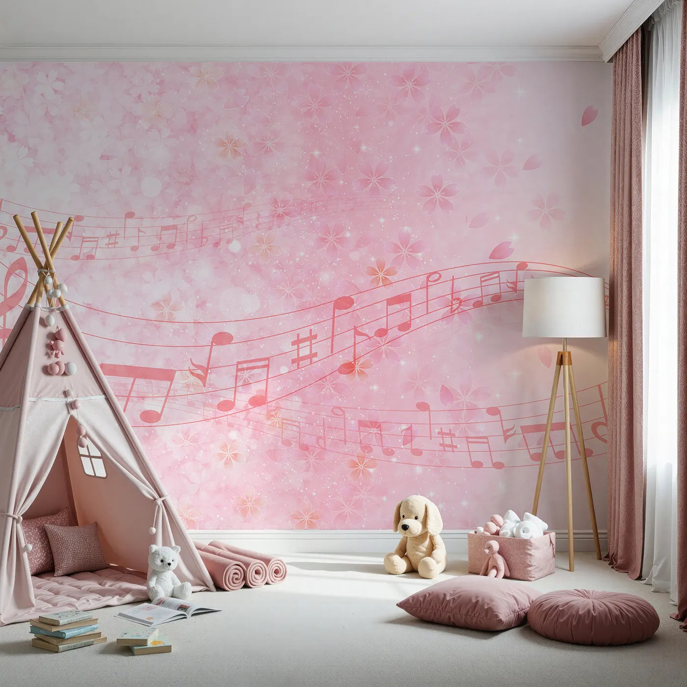 Front view of Whimsy Tots' Pink Cherry Blossom Melody Wall Mural