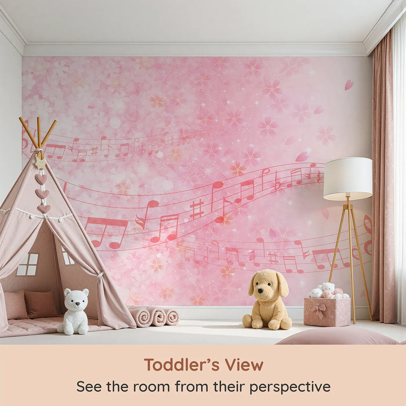 Whimsy Tots Pink Cherry Blossom Melody Wall Mural (Turn Their Room into a Sparkling Spring Symphony) from your child's view.Best for Girls