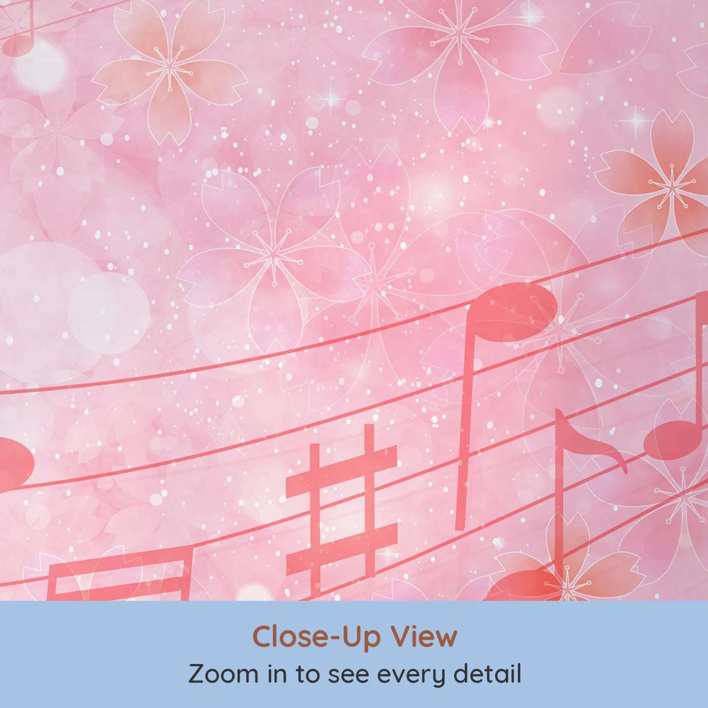 Close-up view of Whimsy Tots' Pink Cherry Blossom Melody Wall Mural (Turn Their Room into a Sparkling Spring Symphony).Best for Girls