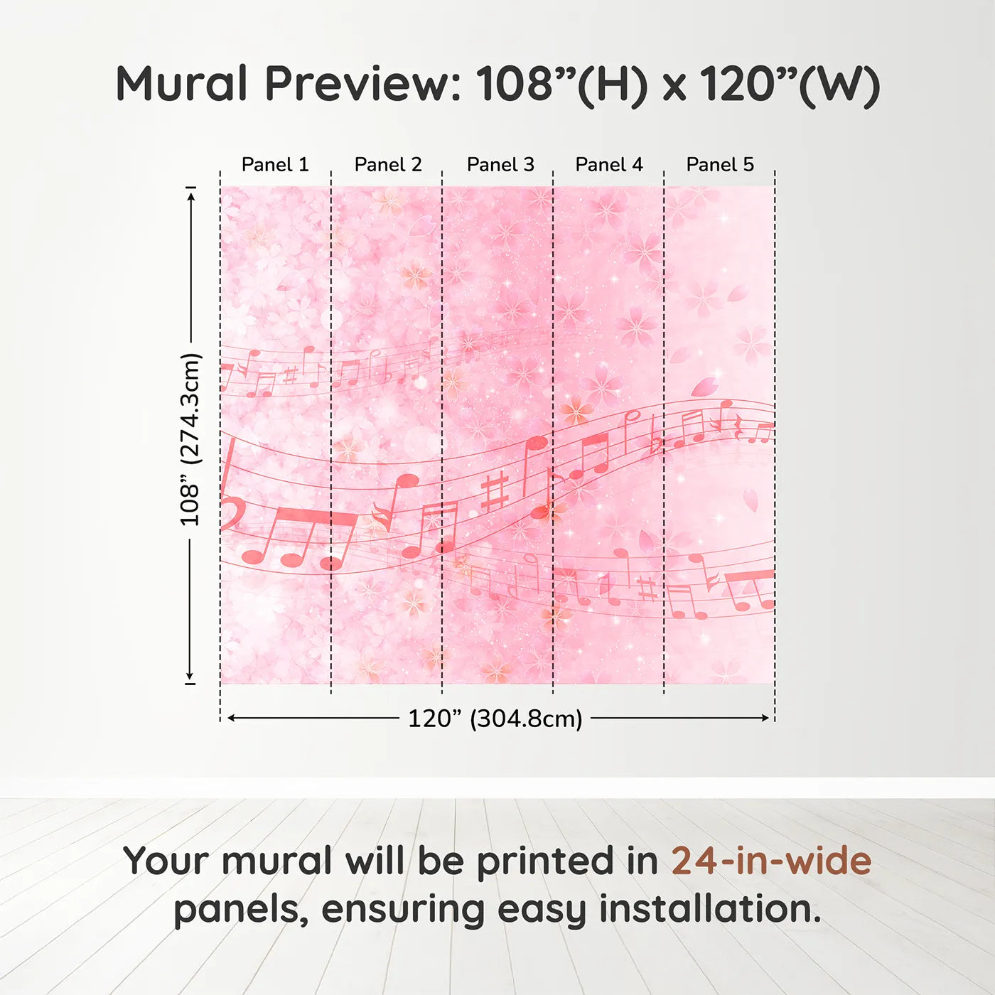 Whimsy Tots Pink Cherry Blossom Melody Wall Muraldimension view (108" H x 120" W). Printed in five 24-inch-wide panels. Best for Girls