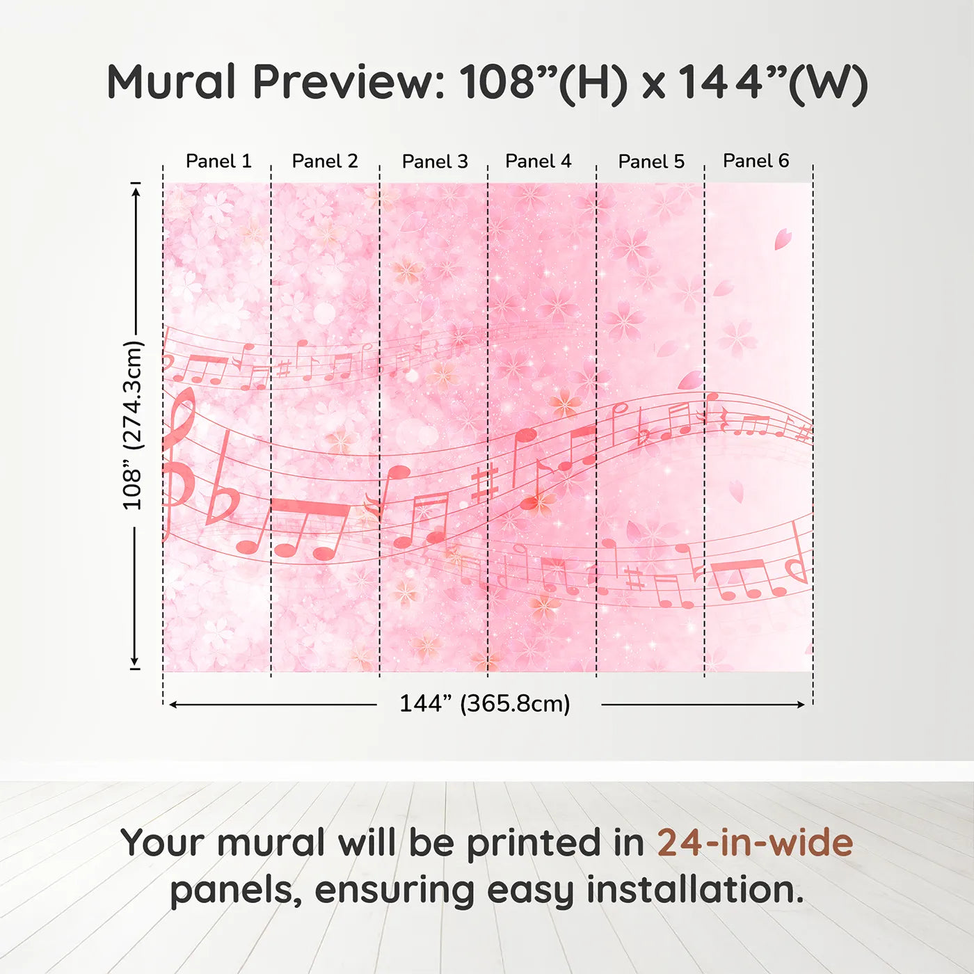 Whimsy Tots Pink Cherry Blossom Melody Wall Muraldimension view (108" H x 144" W). Printed in six 24-inch-wide panels. Best for Girls