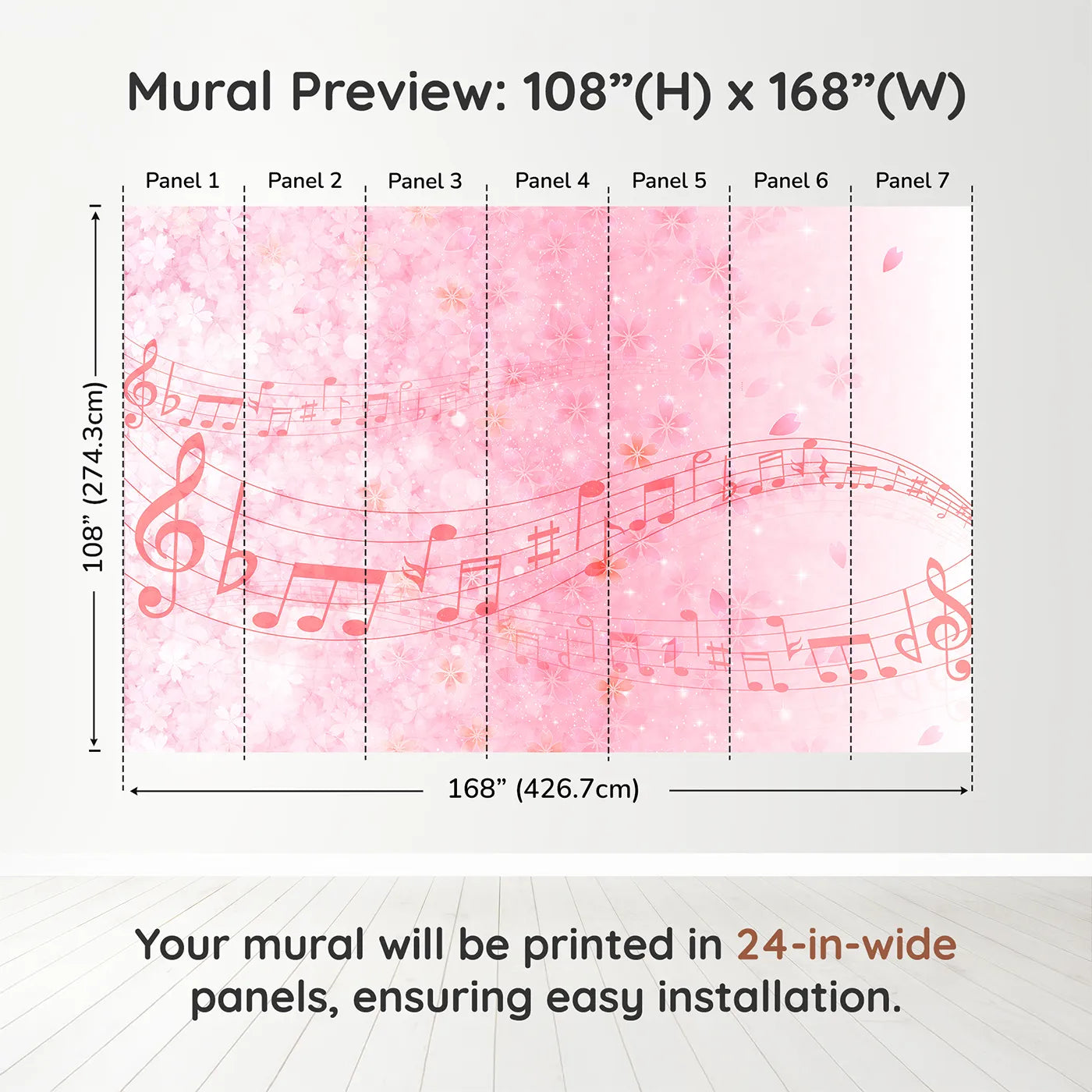 Whimsy Tots Pink Cherry Blossom Melody Wall Muraldimension view (108" H x 168" W). Printed in seven 24-inch-wide panels. Best for Girls