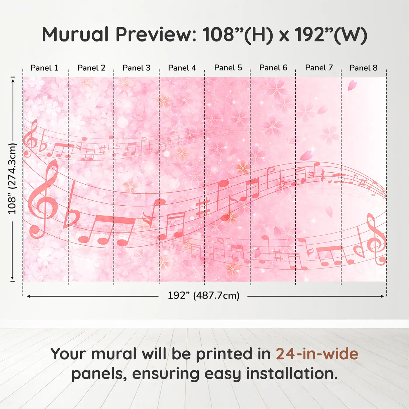 Whimsy Tots Pink Cherry Blossom Melody Wall Muraldimension view (108" H x 192" W). Printed in eight 24-inch-wide panels. Best for Girls