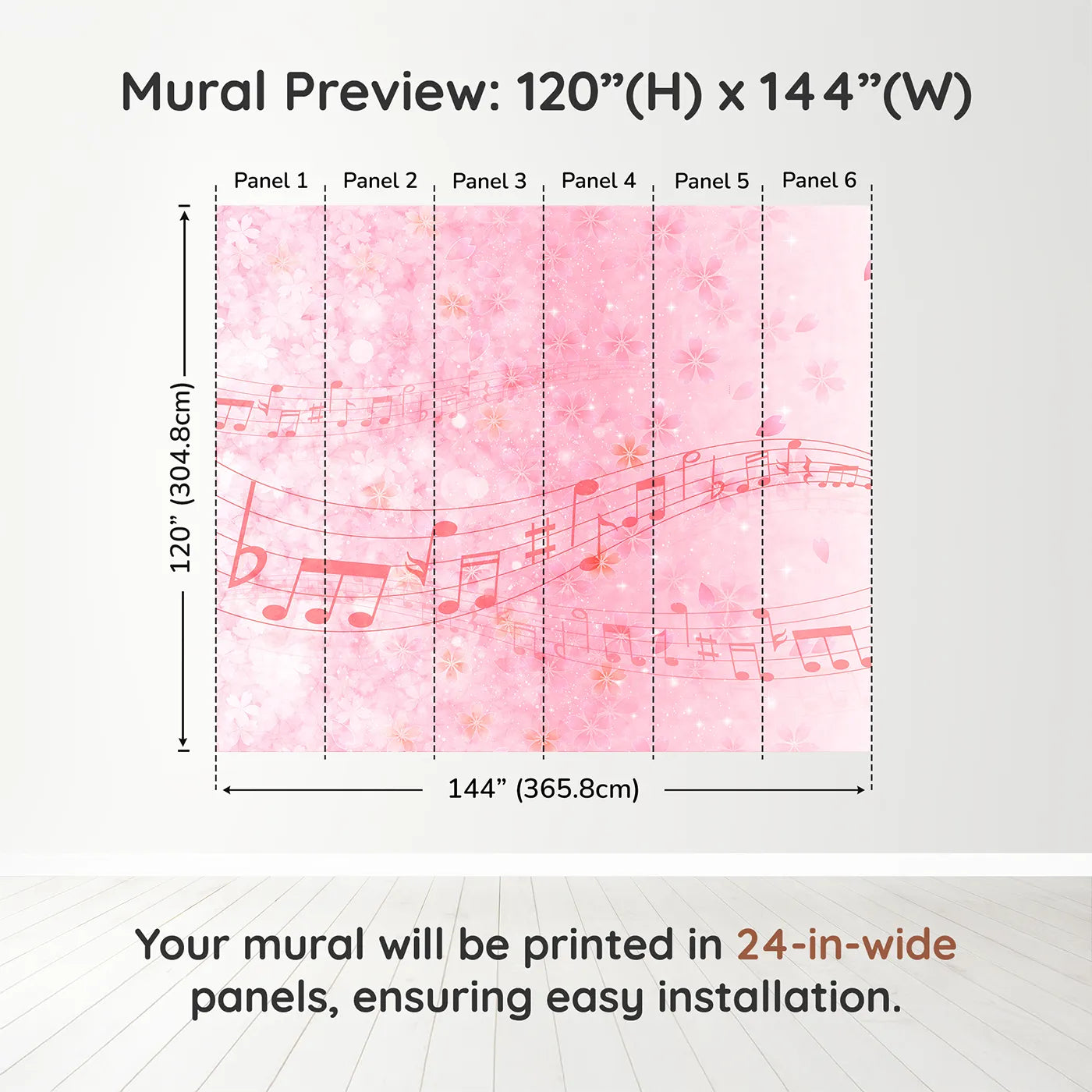 Whimsy Tots Pink Cherry Blossom Melody Wall Muraldimension view (120" H x 144" W). Printed in six 24-inch-wide panels. Best for Girls