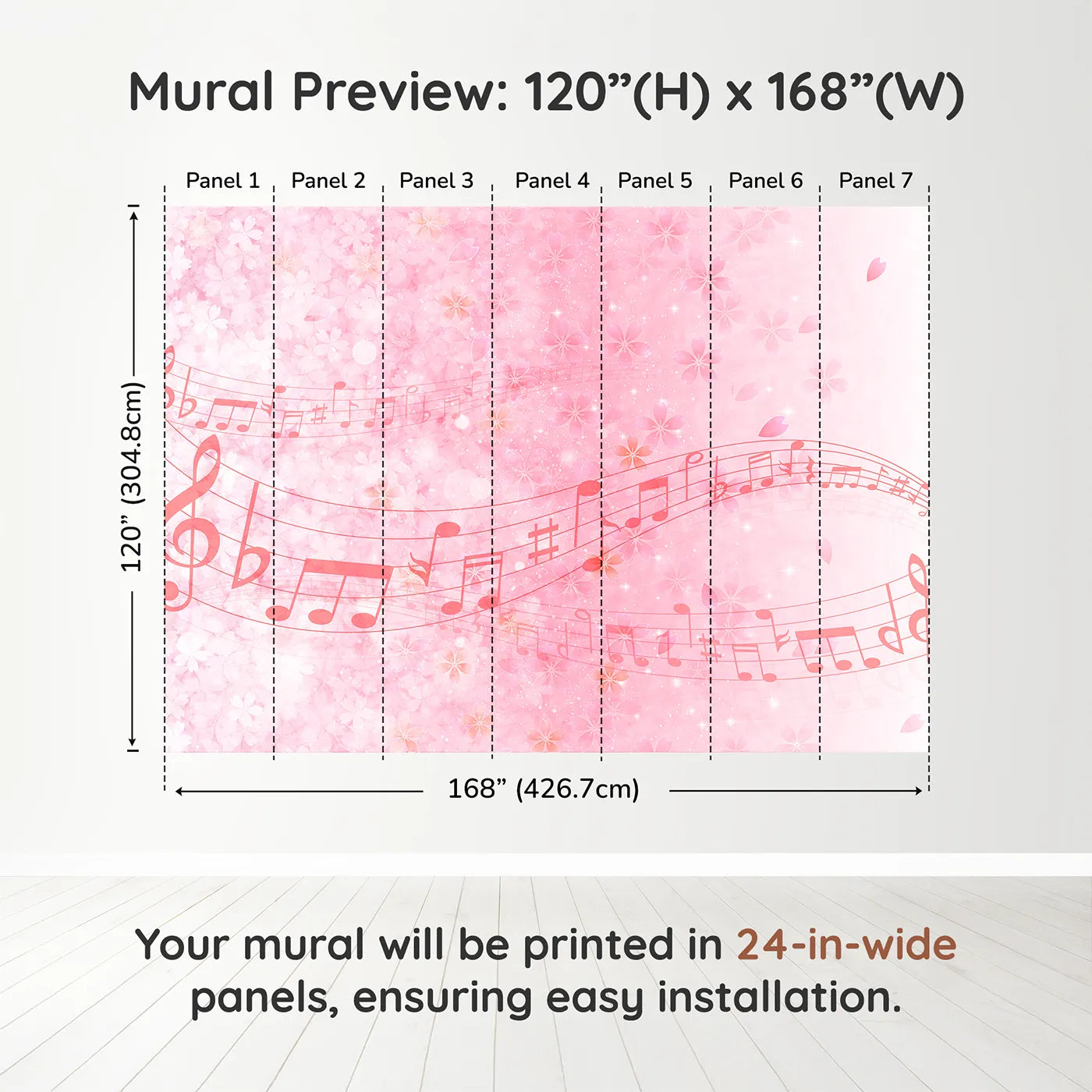 Whimsy Tots Pink Cherry Blossom Melody Wall Muraldimension view (120" H x 168" W). Printed in seven 24-inch-wide panels. Best for Girls