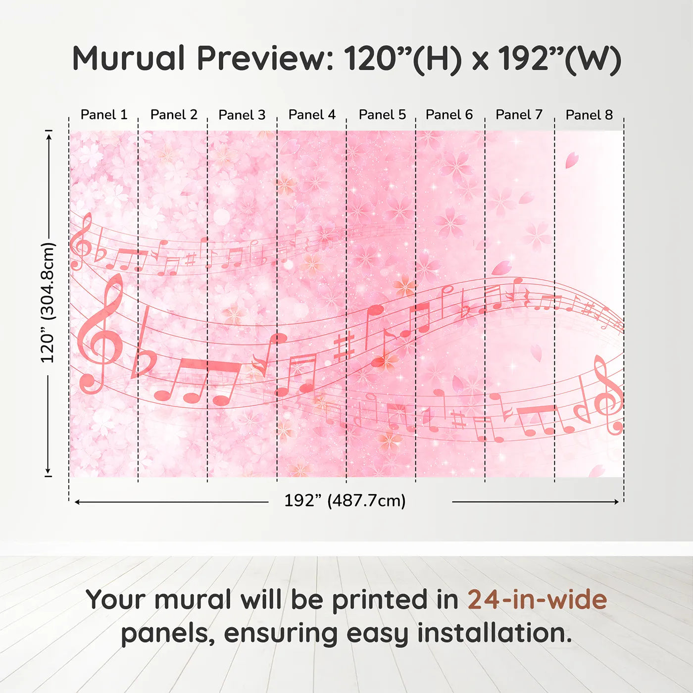 Whimsy Tots Pink Cherry Blossom Melody Wall Muraldimension view (120" H x 192" W). Printed in eight 24-inch-wide panels. Best for Girls